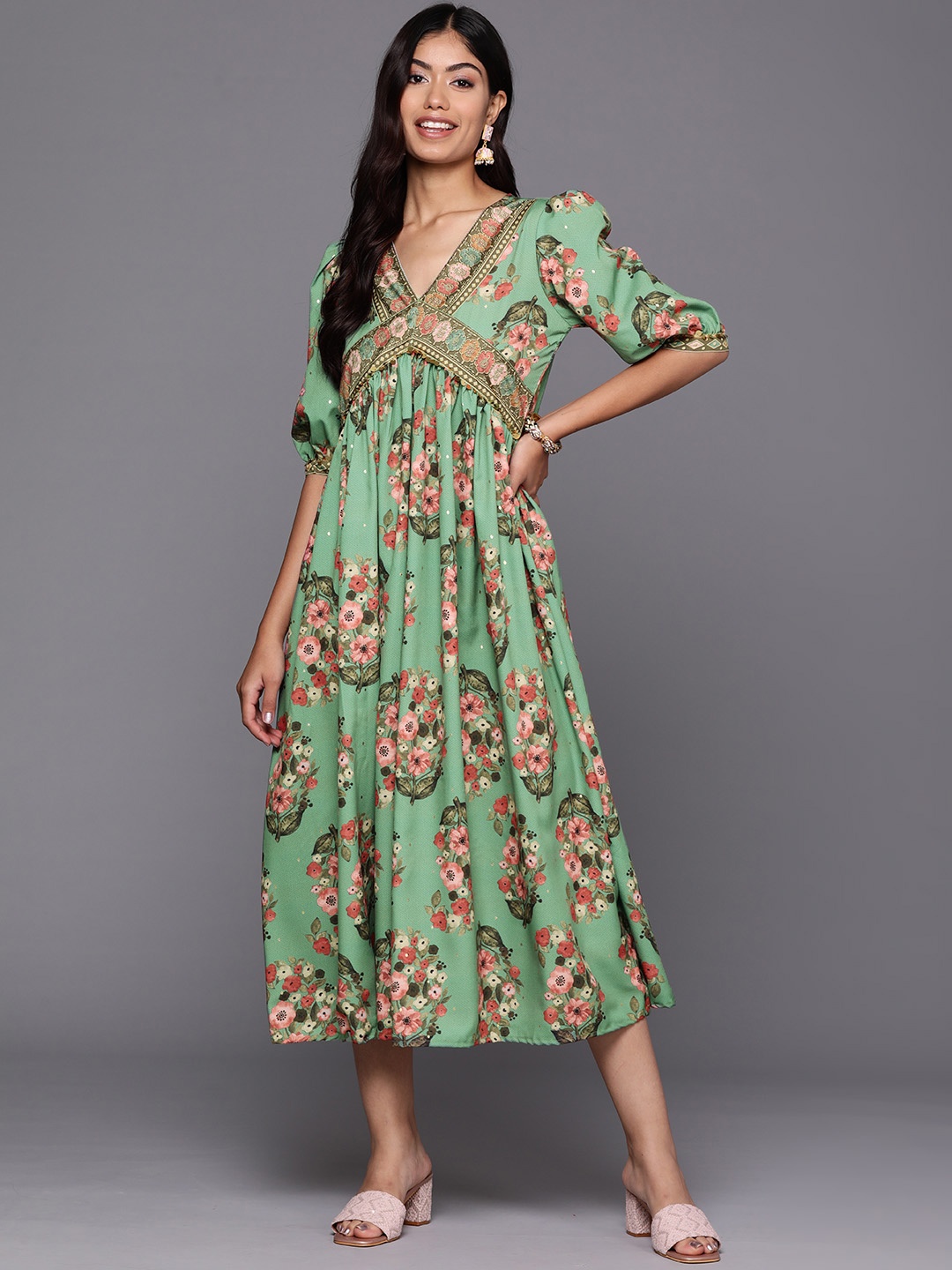 

Ahalyaa Floral Print Puff Sleeve Crepe A-Line Midi Dress, Green