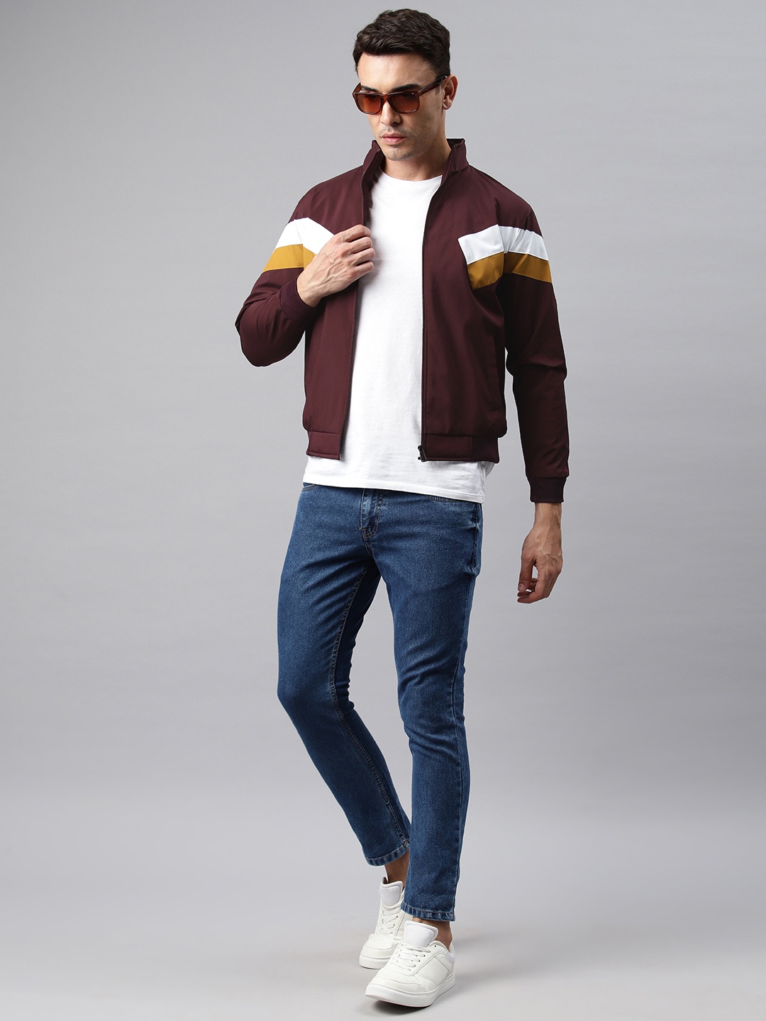 

ADBUCKS Men Maroon Striped Windcheater Outdoor Biker Jacket