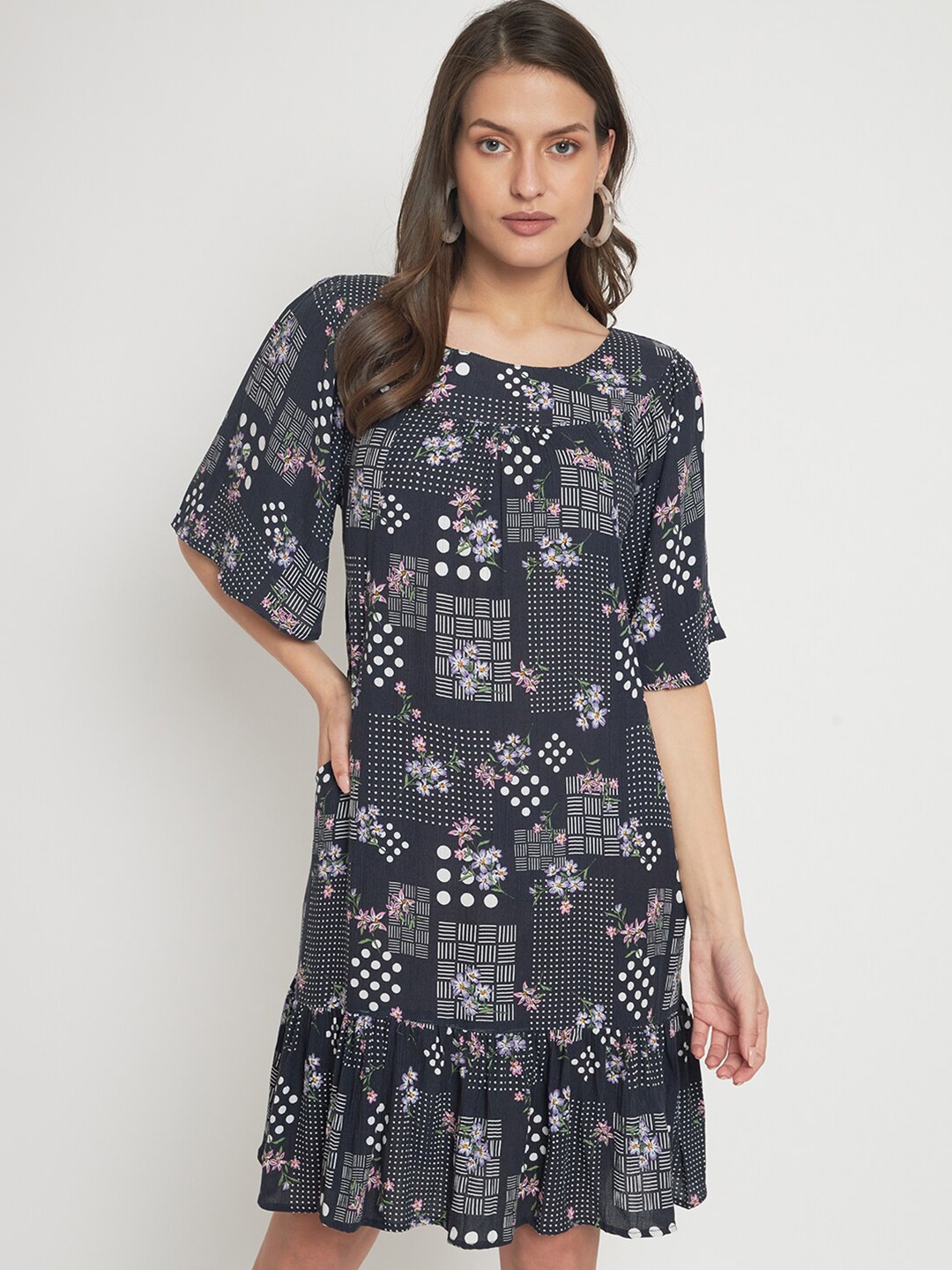 

VELDRESS Floral Printed A Line Dress, Blue