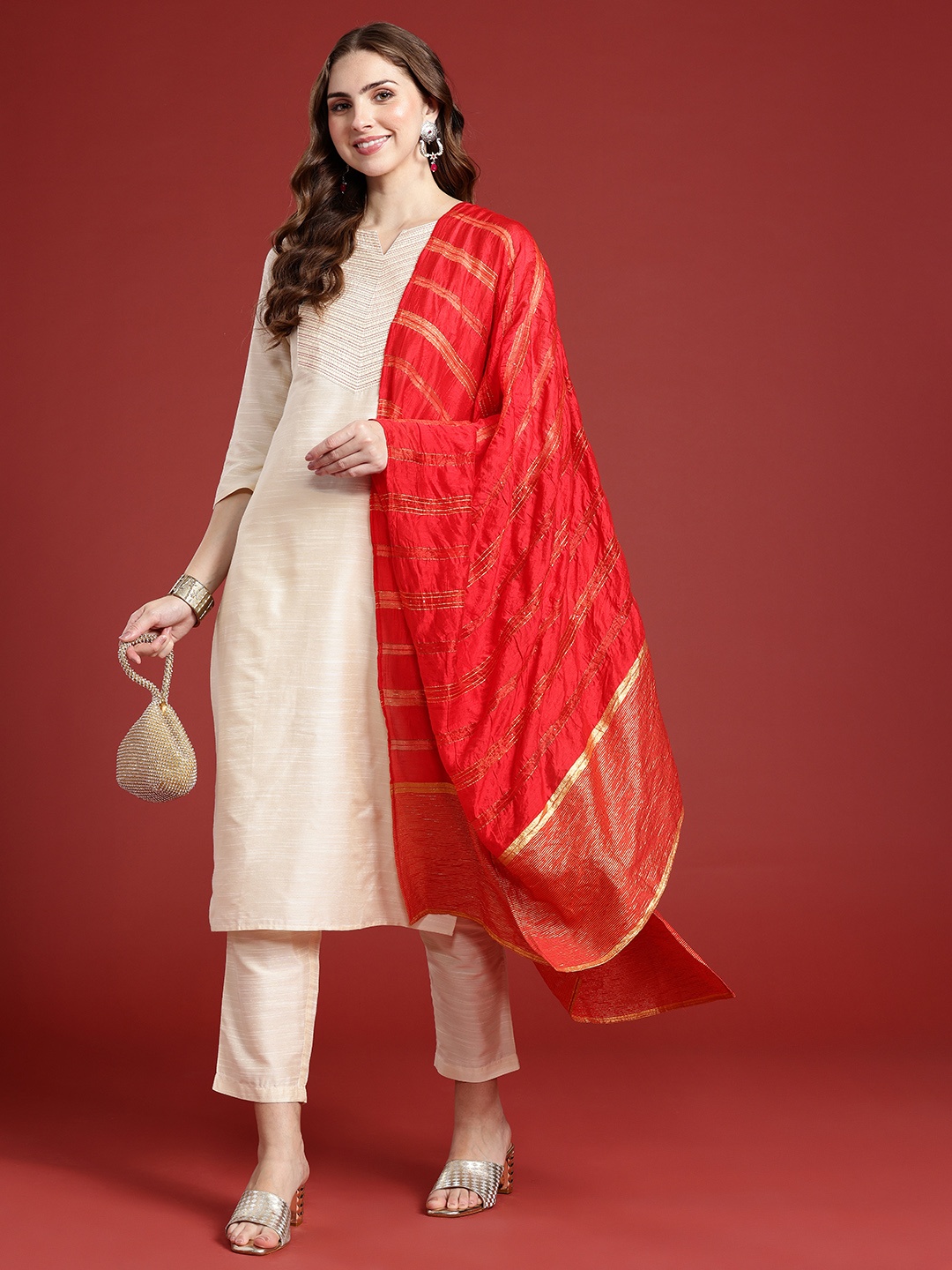 

Anouk Ethnic Motifs Embroidered Kurta with Trousers & Dupatta, Beige