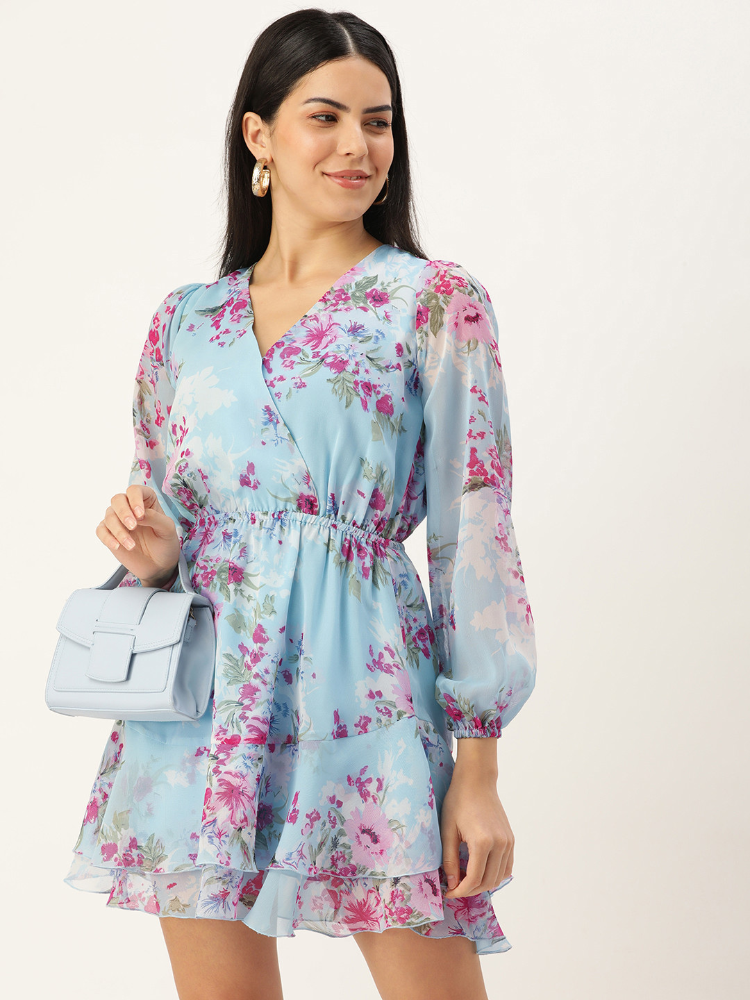 

ROVING MODE Floral Print Puff Sleeve Georgette Wrap Mini Dress, Blue
