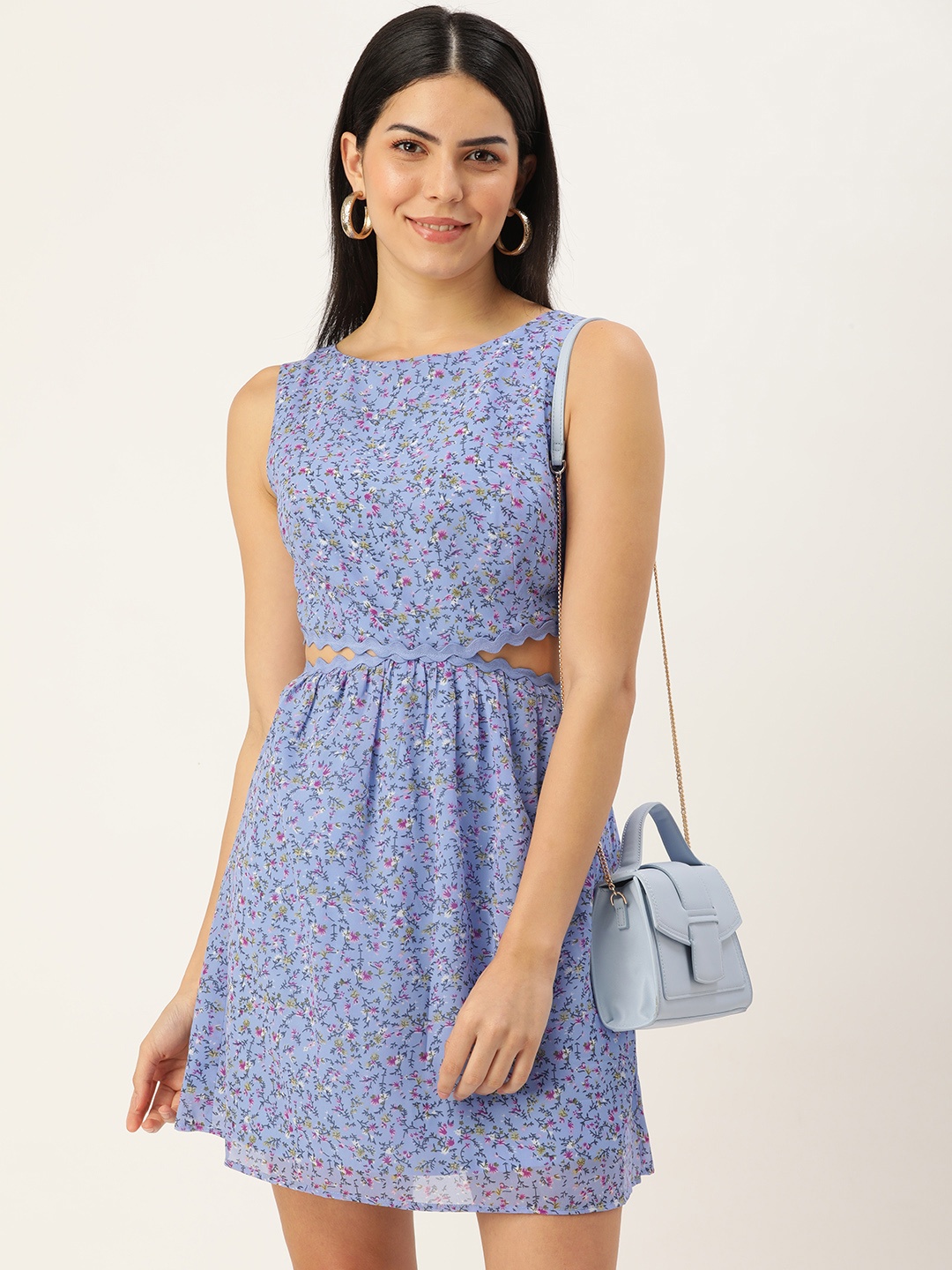 

ROVING MODE Floral Print Cut-Outs Georgette Fit & Flare Mini Dress, Blue