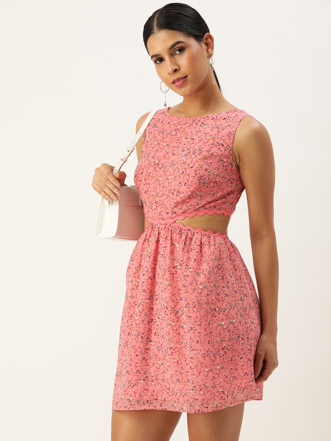 

ROVING MODE Floral Print Cut-Outs Georgette Fit & Flare Mini Dress, Peach