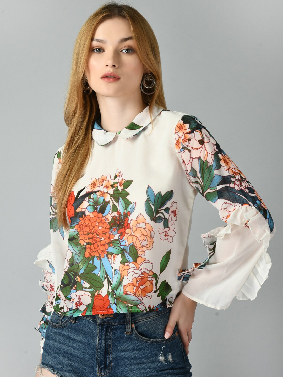 

TAKI TAKI Floral Printed Ruffles Peter Pan Collar Regular Top, White