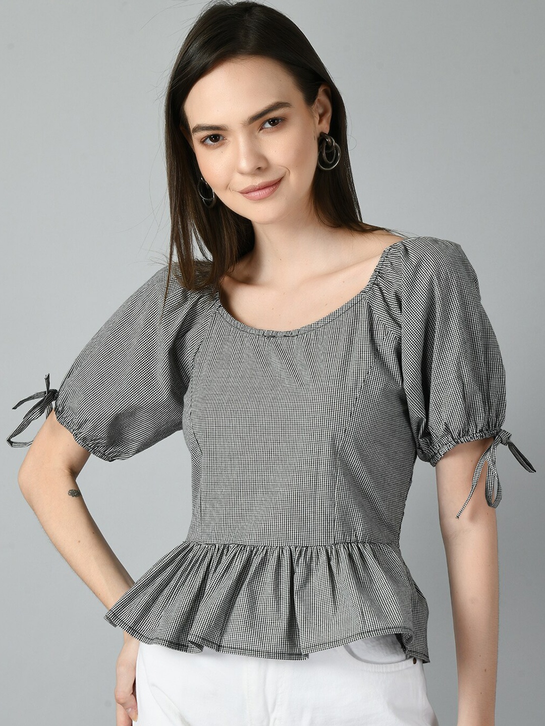 

TAKI TAKI Checked Puff Sleeves Smocked Cotton Peplum Top, Grey