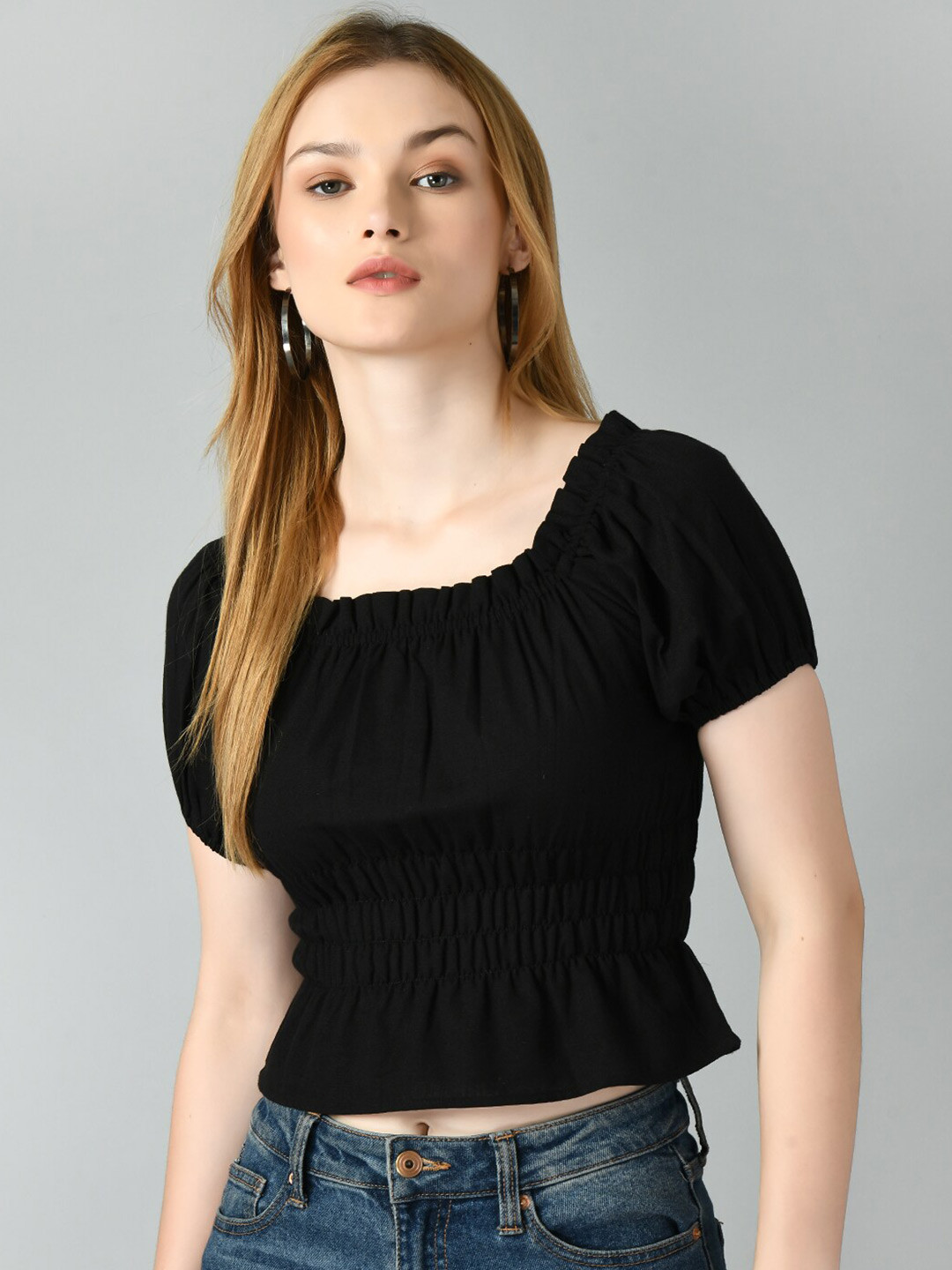 

TAKI TAKI Puff Sleeves Smocked Cotton Fitted Crop Top, Black