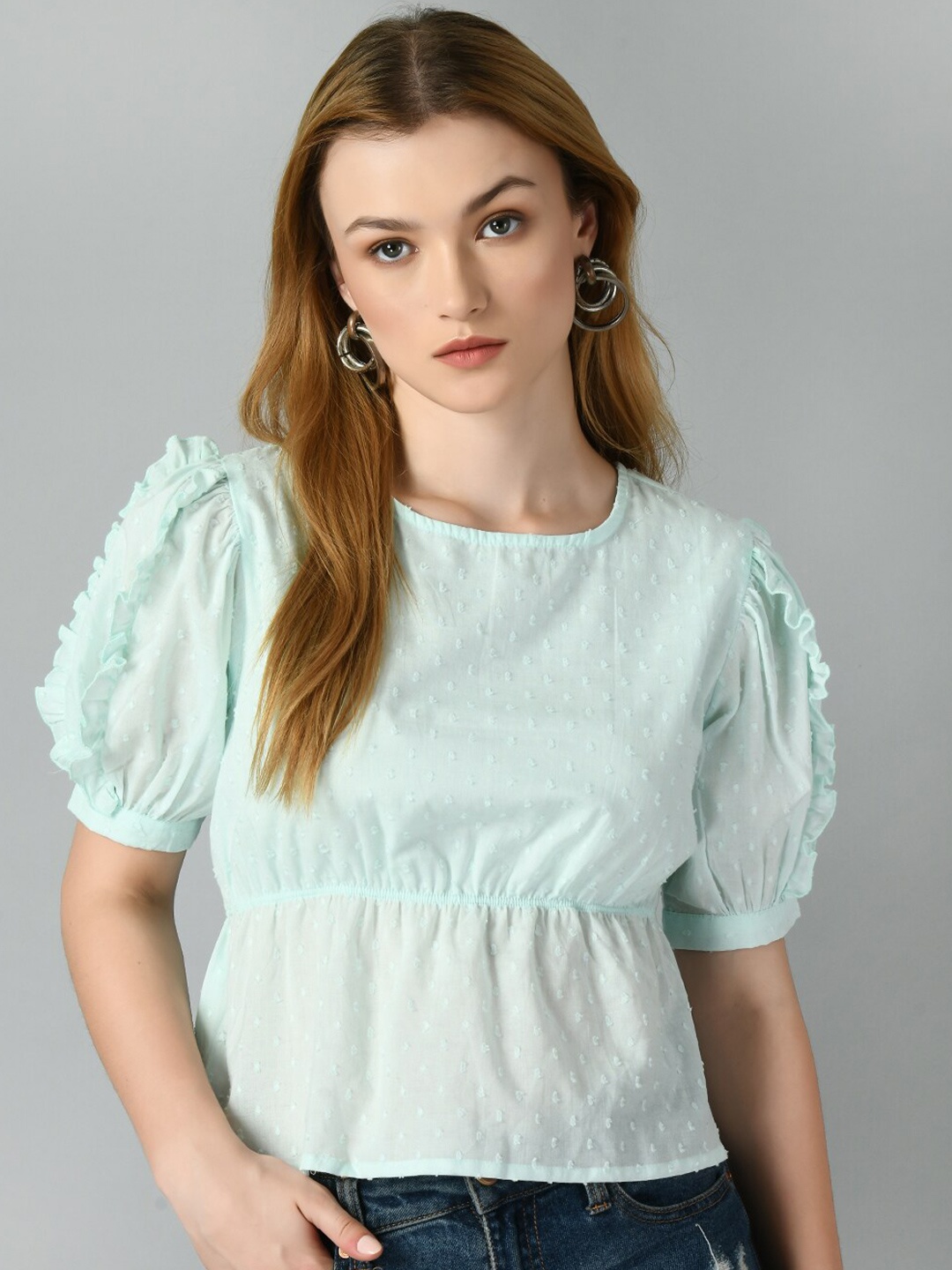 

TAKI TAKI Self Design Puff Sleeves Cotton Cinched Waist Top, Blue