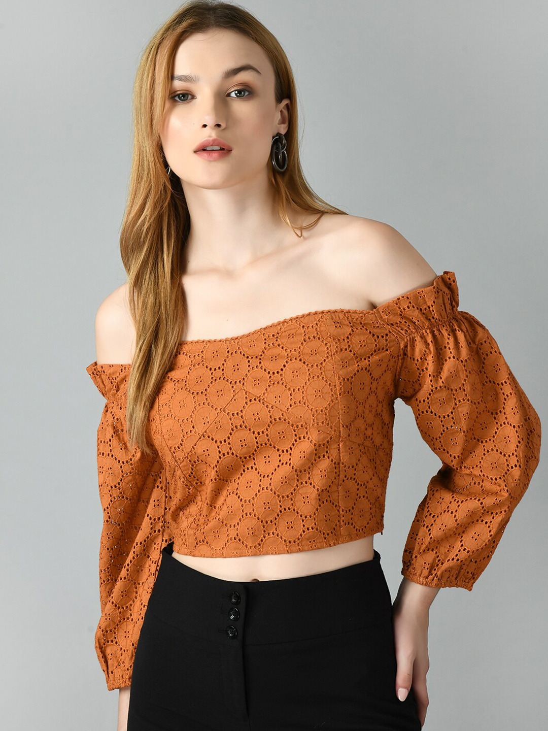 

TAKI TAKI Self Design Off Shoulder Cotton Bardot Crop Top, Orange