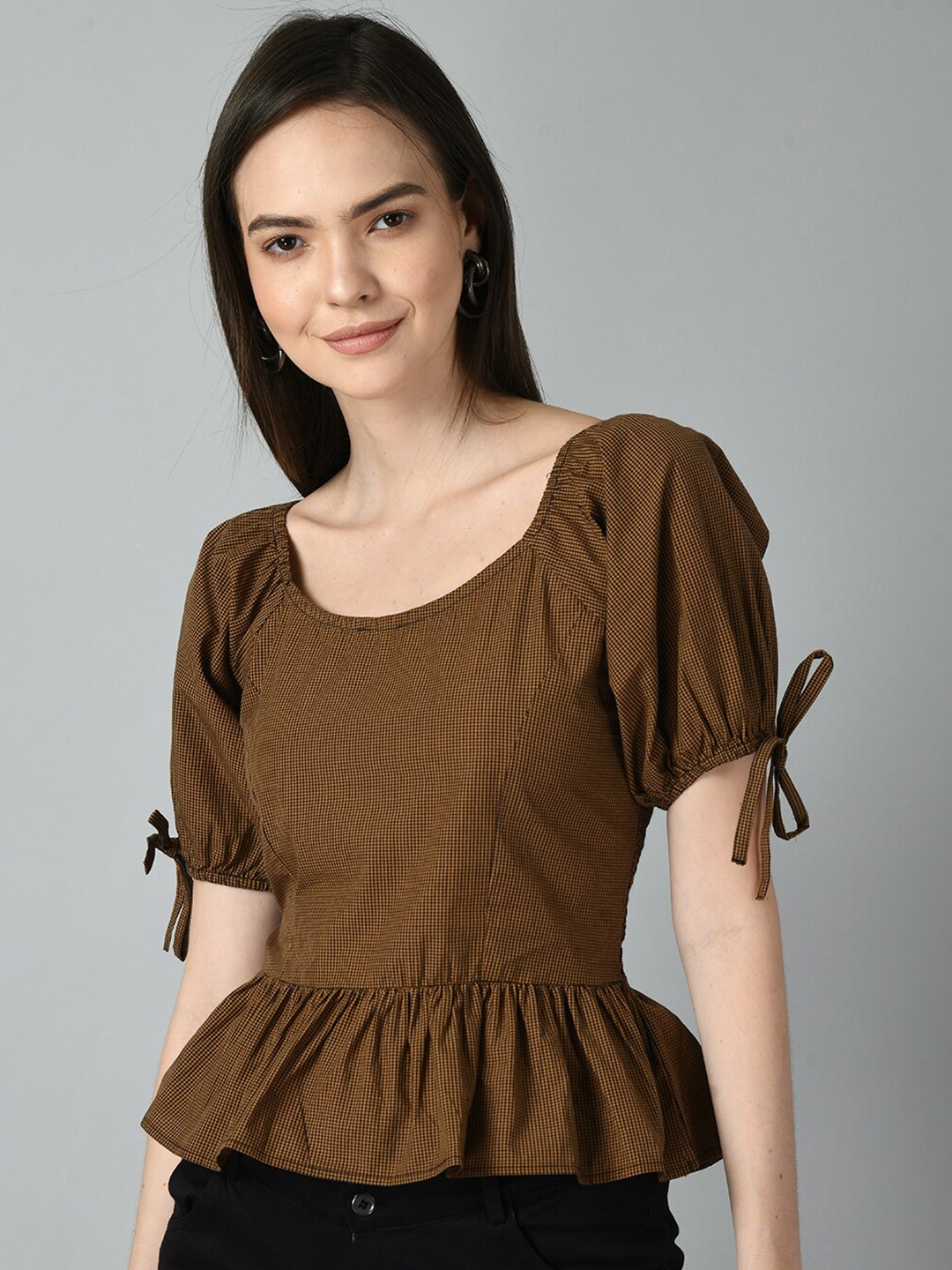 

TAKI TAKI Checked Puff Sleeves Smocked Cotton Peplum Top, Brown