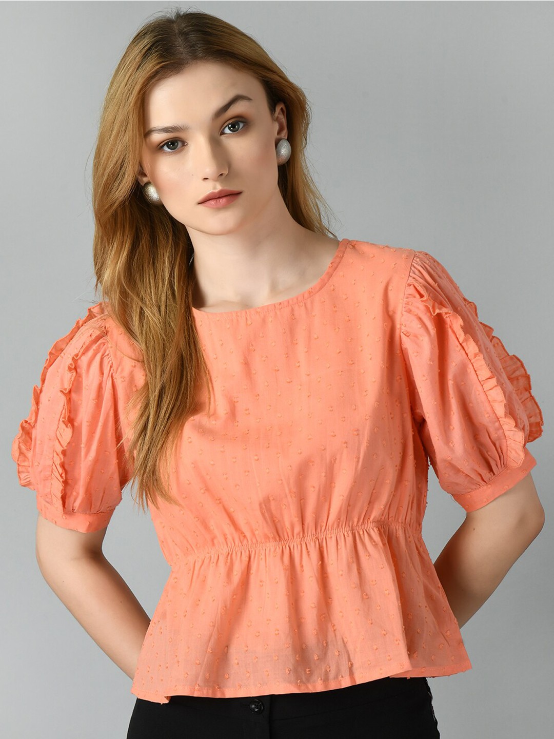 

TAKI TAKI Self Design Round Neck Puff Sleeve Cotton Cinched Waist Top, Peach