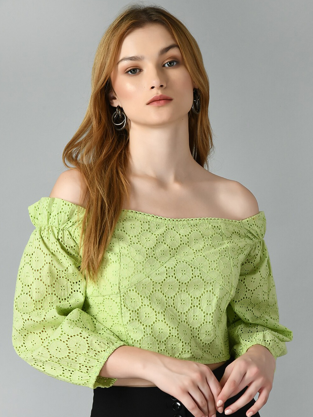 

TAKI TAKI Self Design Off Shoulder Cotton Bardot Crop Top, Green