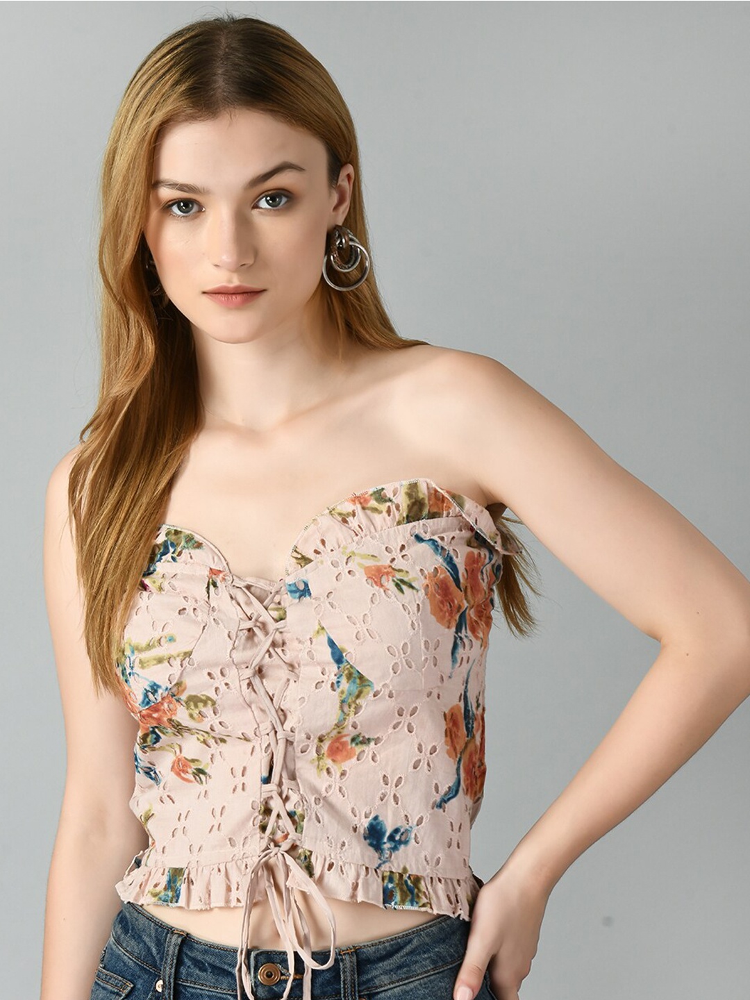 

TAKI TAKI Floral Printed Off Shoulder Ruffle Cotton Crop Top, Beige