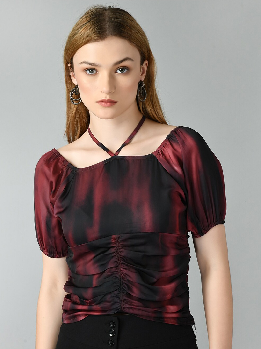 

TAKI TAKI Tie & Dye Ruched Square Neck Puff Sleeves Regular Top, Black
