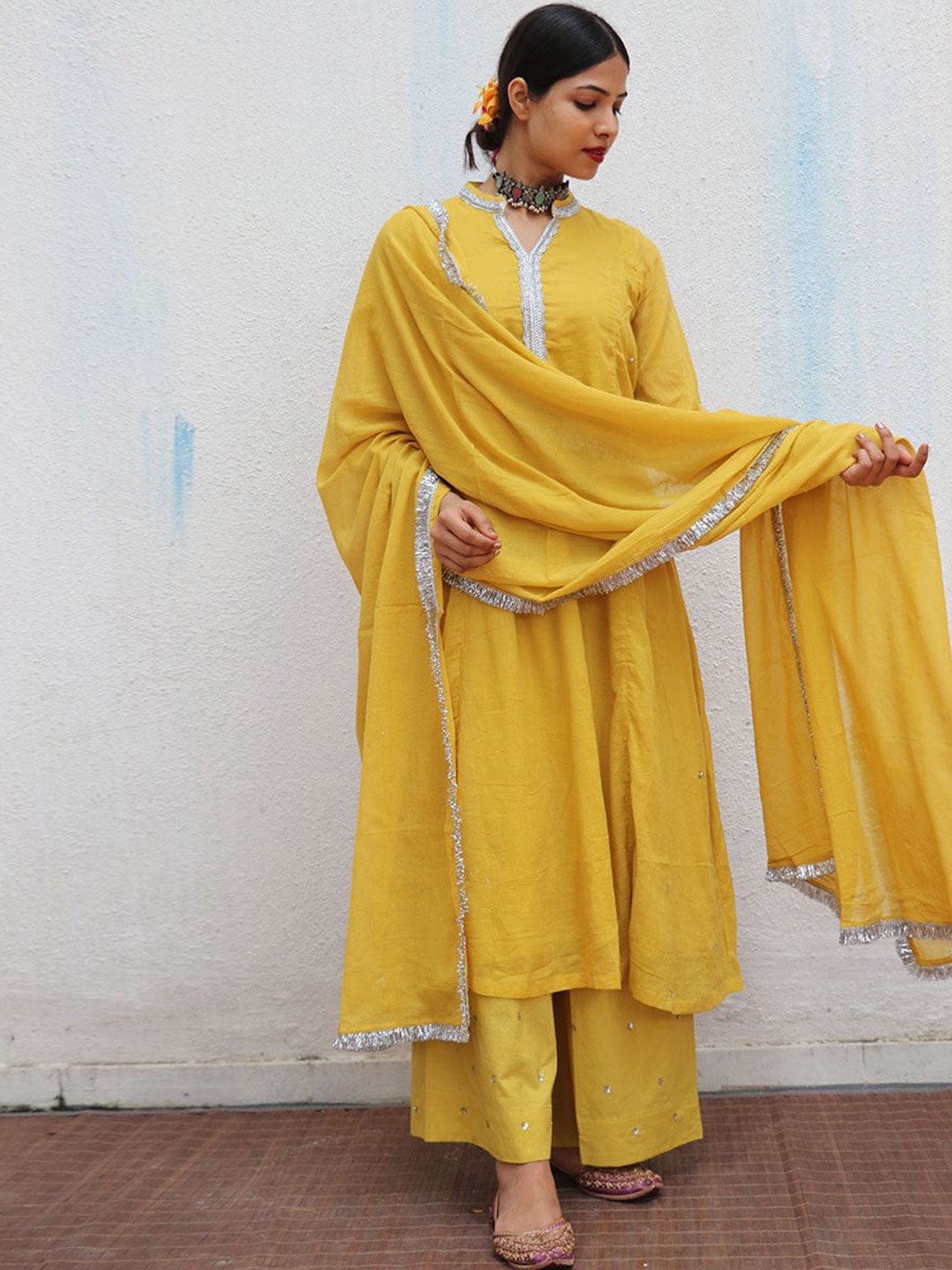 

Chidiyaa Gotta Patti Pure Cotton Kurta With Palazzos & Dupatta, Mustard
