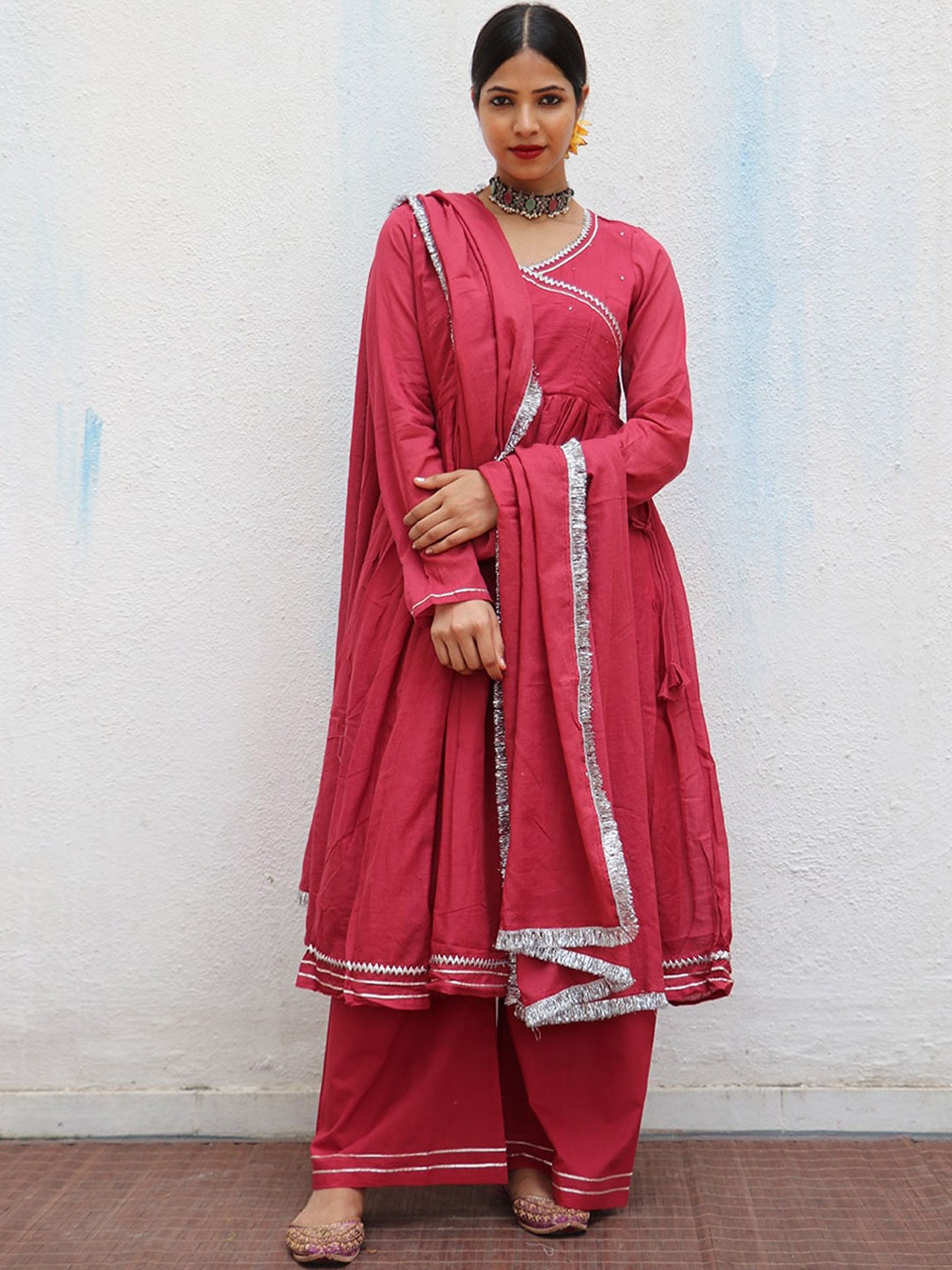 

Chidiyaa Angrakha Gotta Patti Pure Cotton Kurta with Palazzos & Dupatta, Red