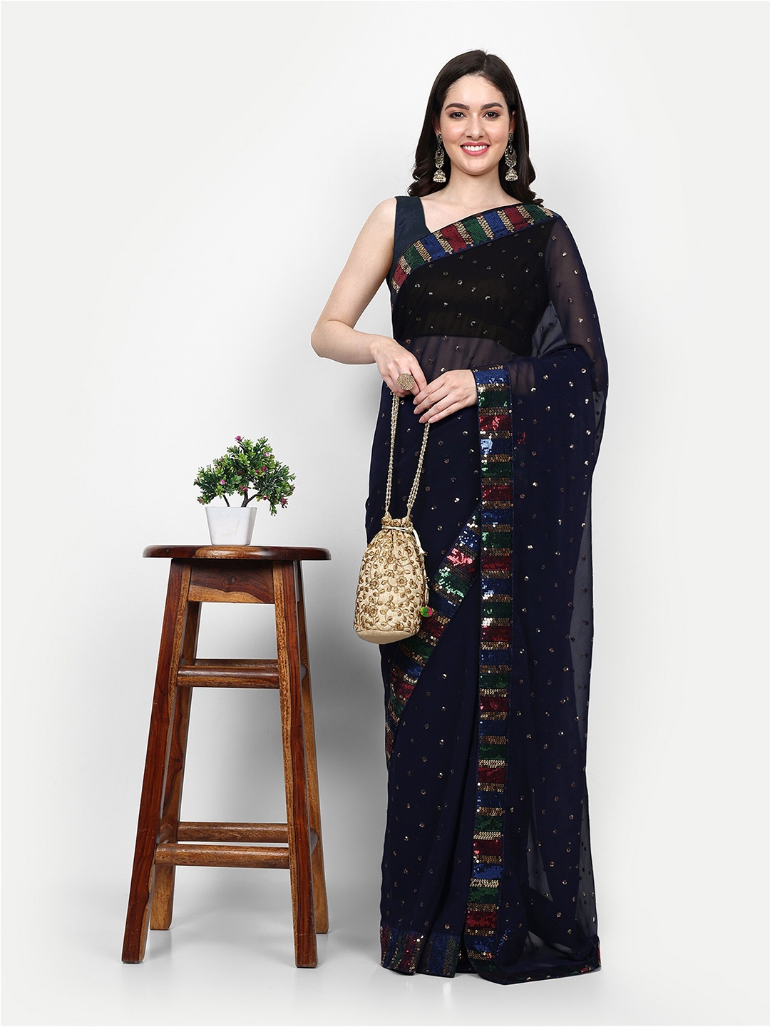 

DWIZA ENTERPRISE Embellished Embroidered Sequined Pure Georgette Saree, Navy blue