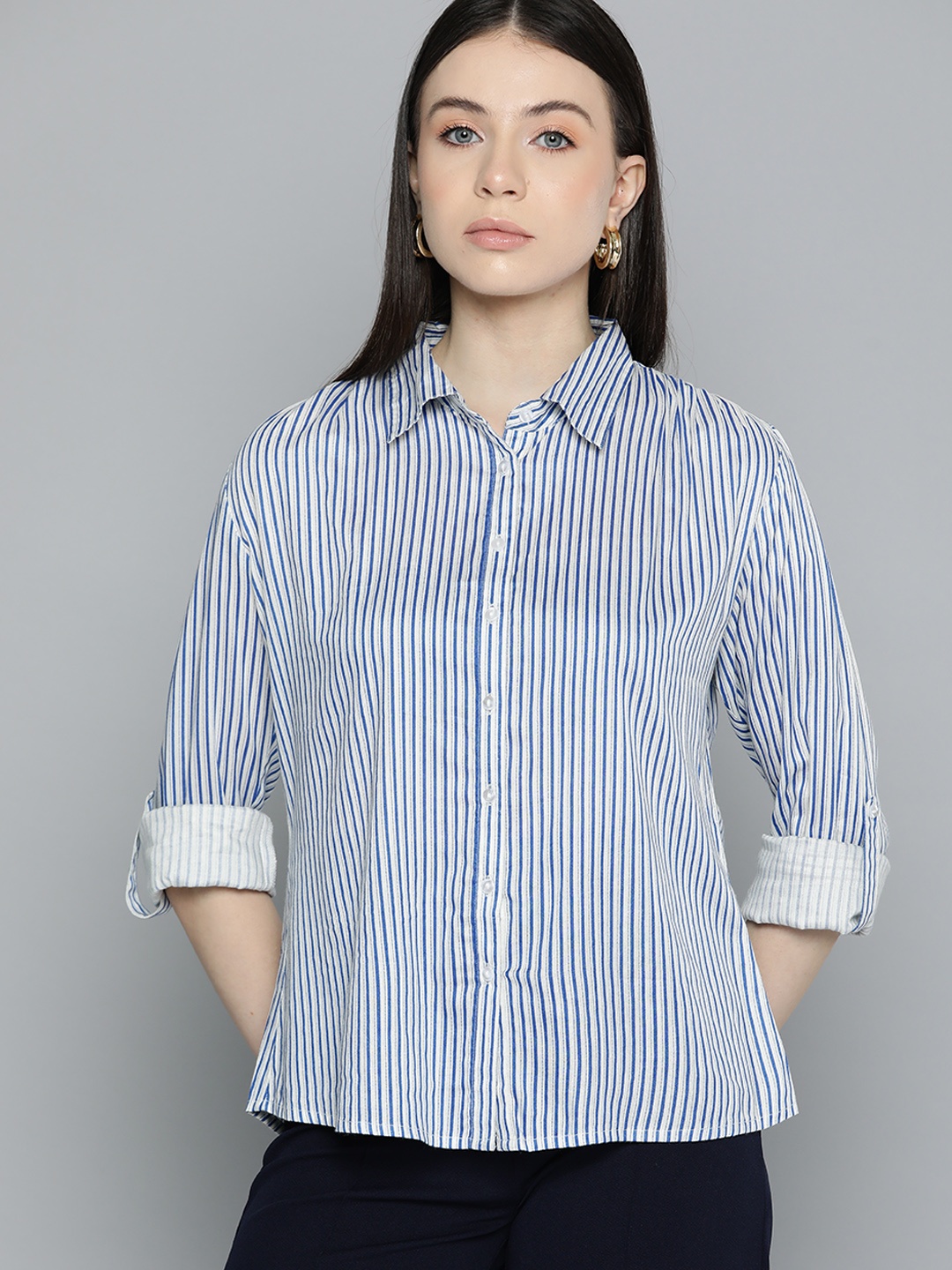 

Chemistry Women Original Opaque Striped Formal Shirt, Blue