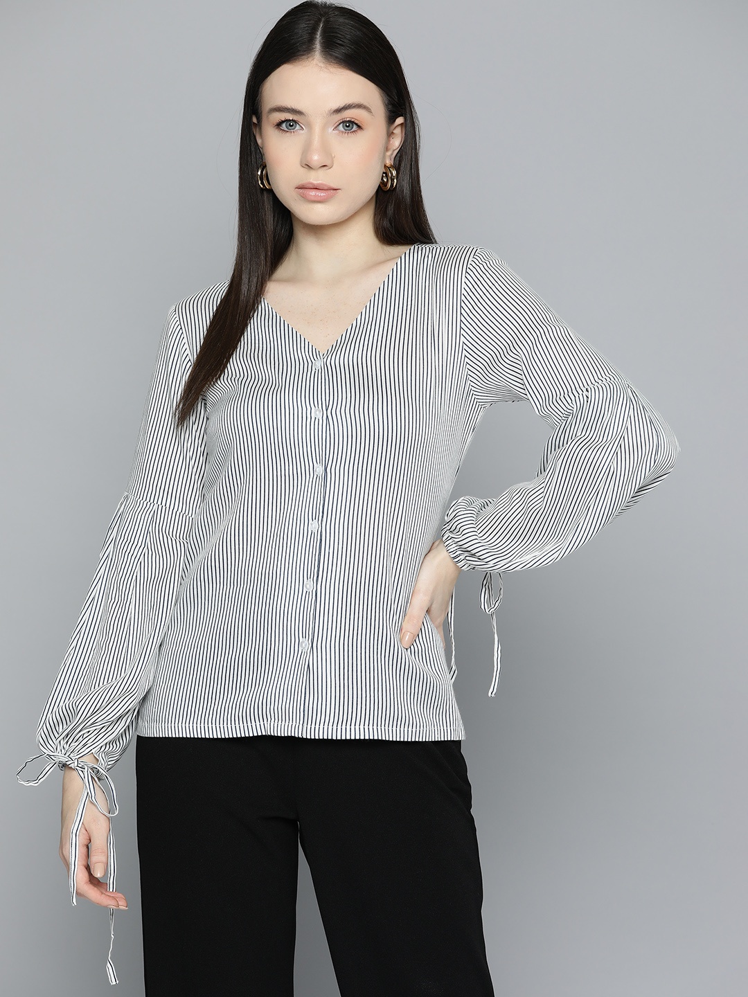 

Chemistry Striped Puff Sleeve Cotton Top, Off white