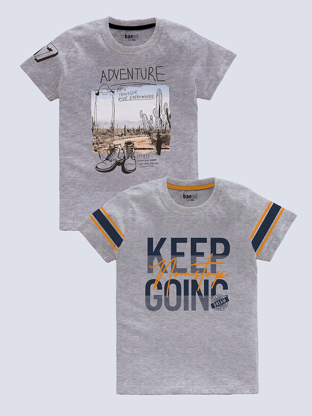 

BAESD Boys Pack Of 2 Graphic Printed Pure Cotton T-shirt, Grey
