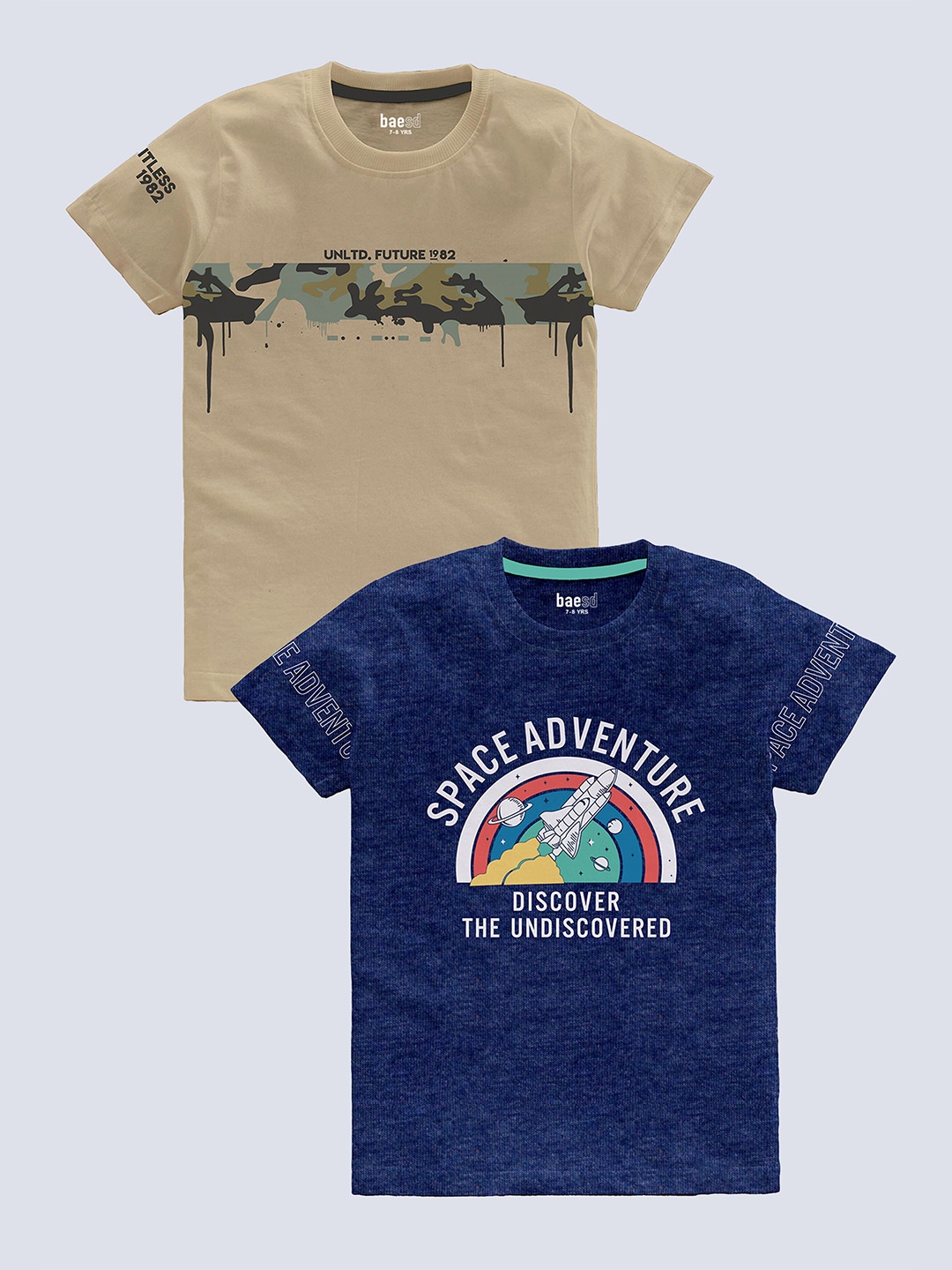 

BAESD Boys Pack of 2 Graphic Printed Round Neck Short Sleeves Pure Cotton T-shirt, Khaki