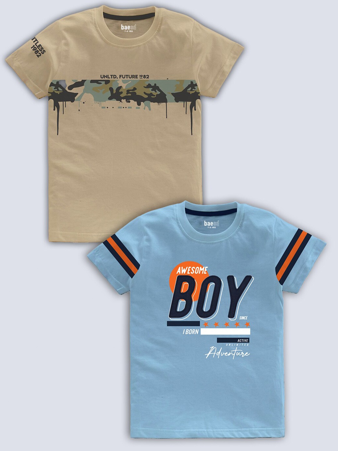 

BAESD Boys pack Of 2 Typography Printed Cotton T-shirt, Beige