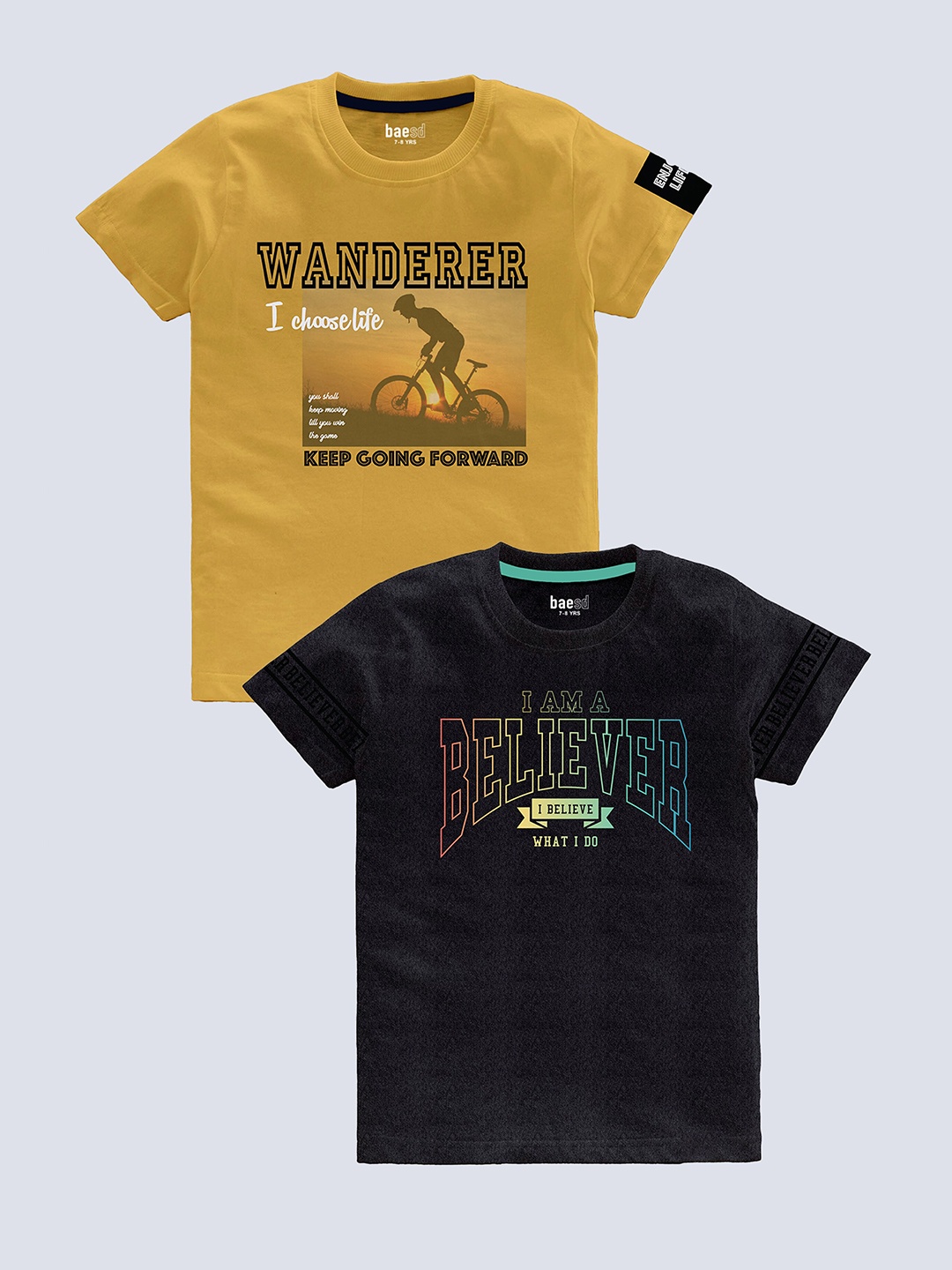 BAESD Boys Pack of 2 Typography Printed Round Neck Short Sleeves Pure Cotton T-shirt, Yellow