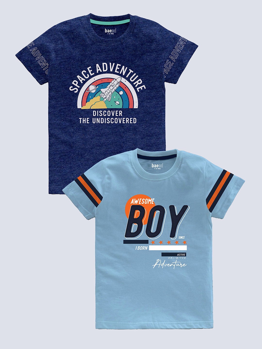 

BAESD Boys Pack Of 2 Typography Printed Pure Cotton T-shirt, Blue