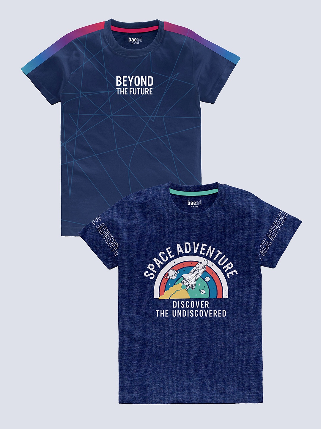 BAESD Boys Pack of 2 Printed Round Neck Short Sleeves Pure Cotton T-shirt, Navy blue