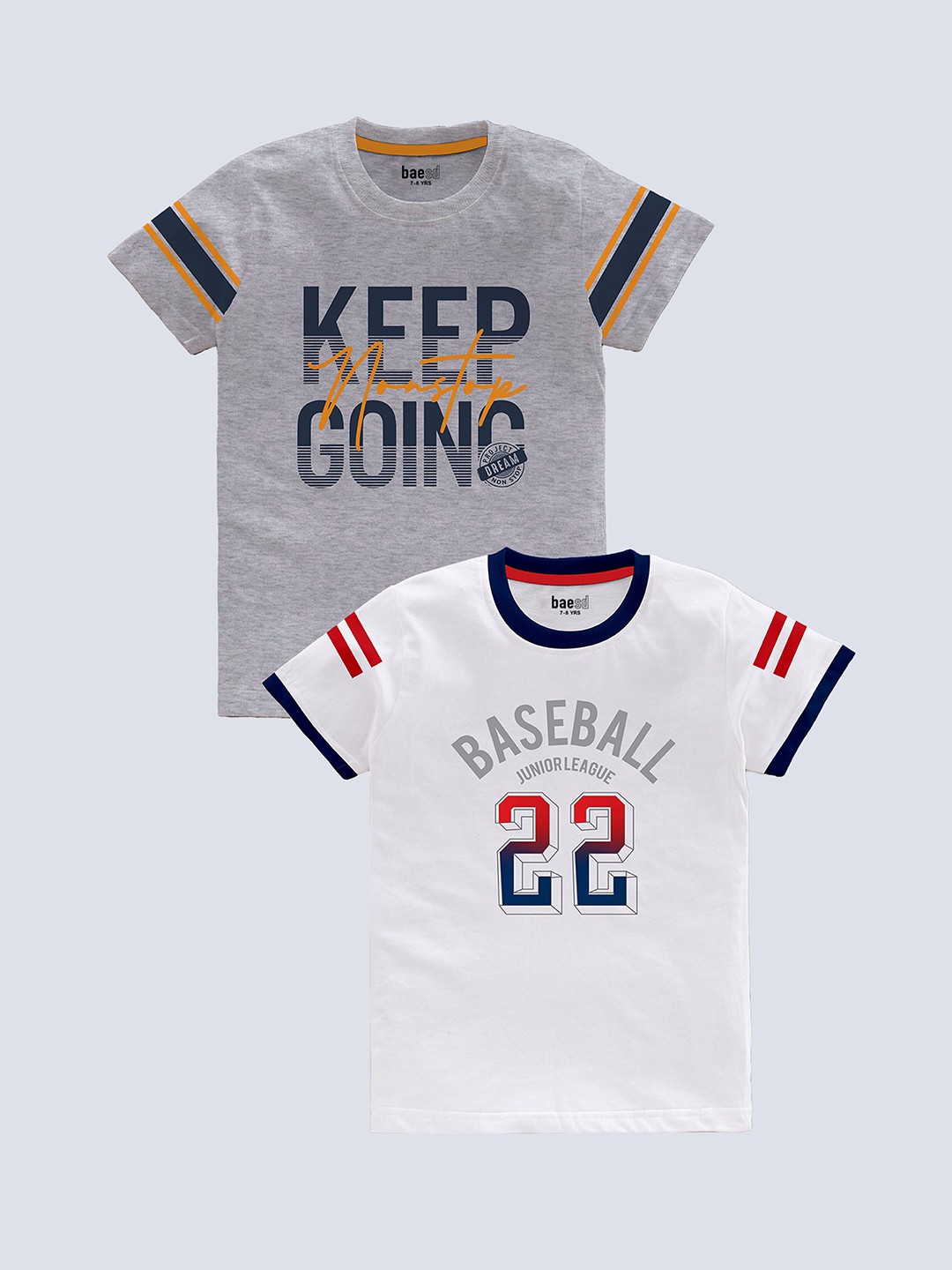 

BAESD Boys Pack of 2 Typography Printed Round Neck Short Sleeves Pure Cotton T-shirt, Grey
