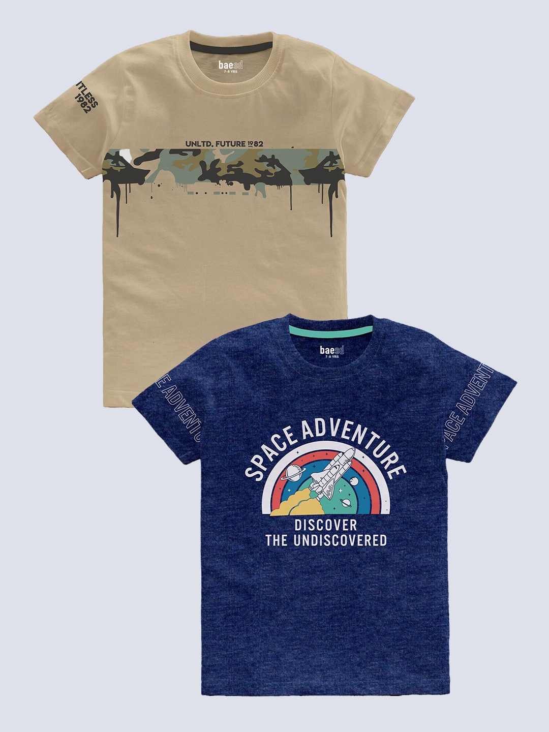 

BAESD Boys Pack Of 2 Printed Round Neck Cotton T-shirts, Blue