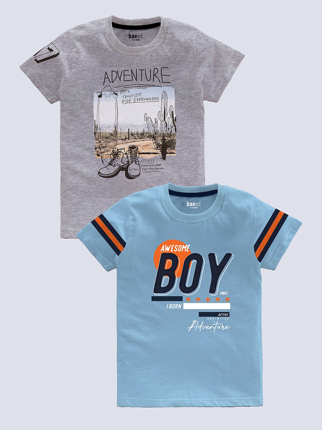 

BAESD Boys Pack Of 2 Typography Printed Pure Cotton T-shirt, Grey