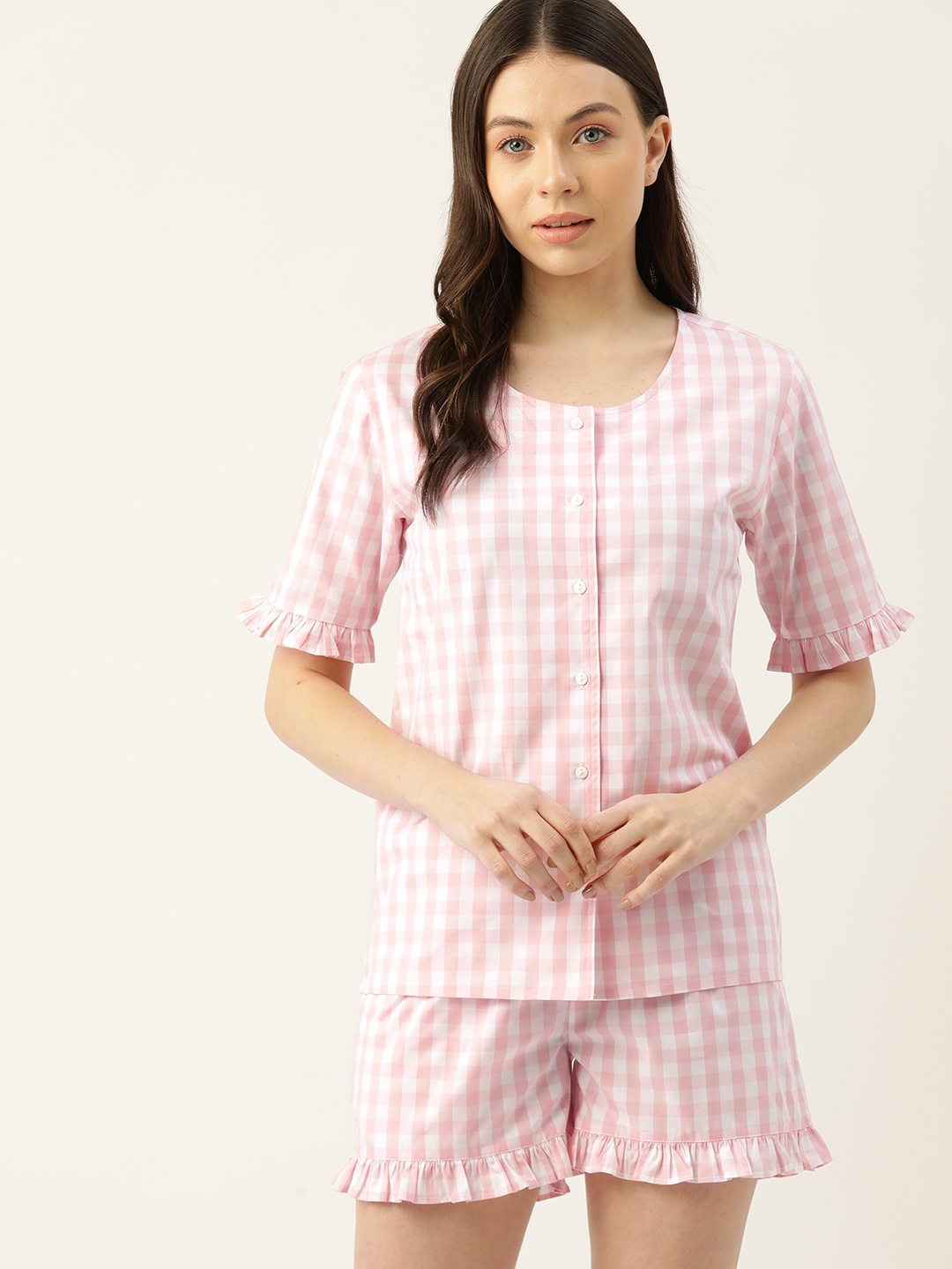 

ETC Checked Pure Cotton Night Suit, Pink