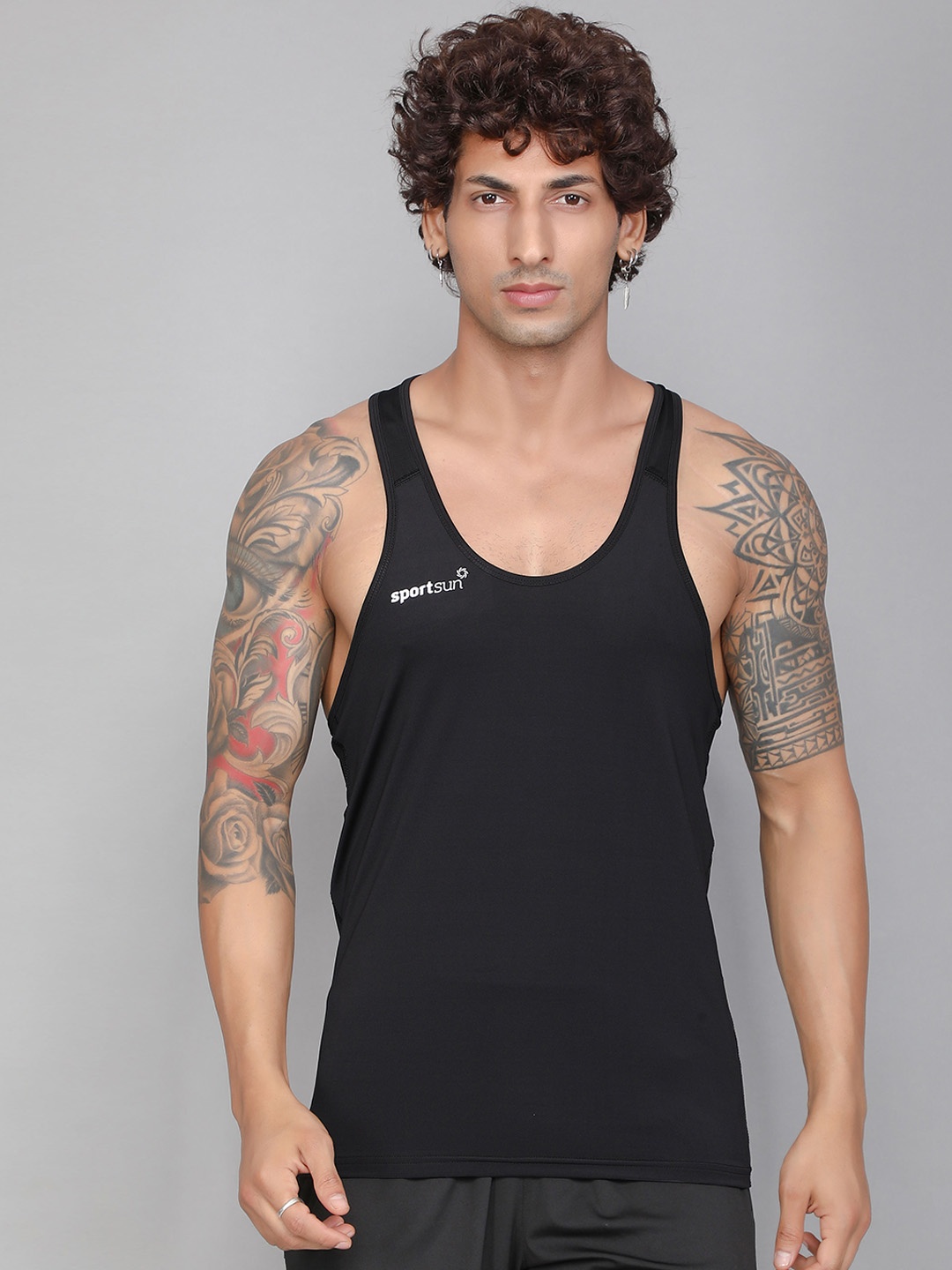 

SPORT SUN Round Neck Sleevesless Anti-Odour Sports Gym Vest, Black