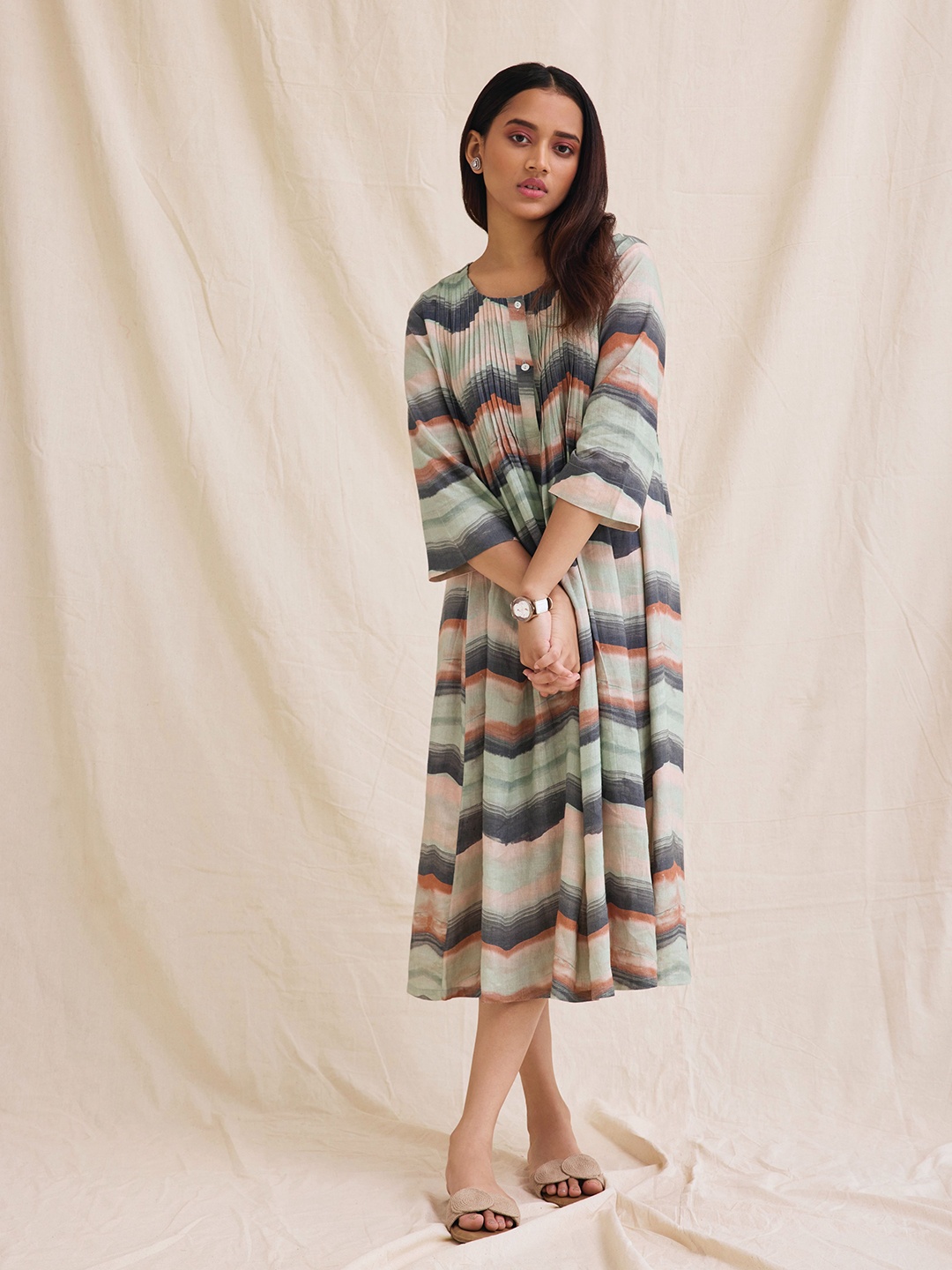 

Bombay Bloom Striped Linen Fit & Flare Dress, Green