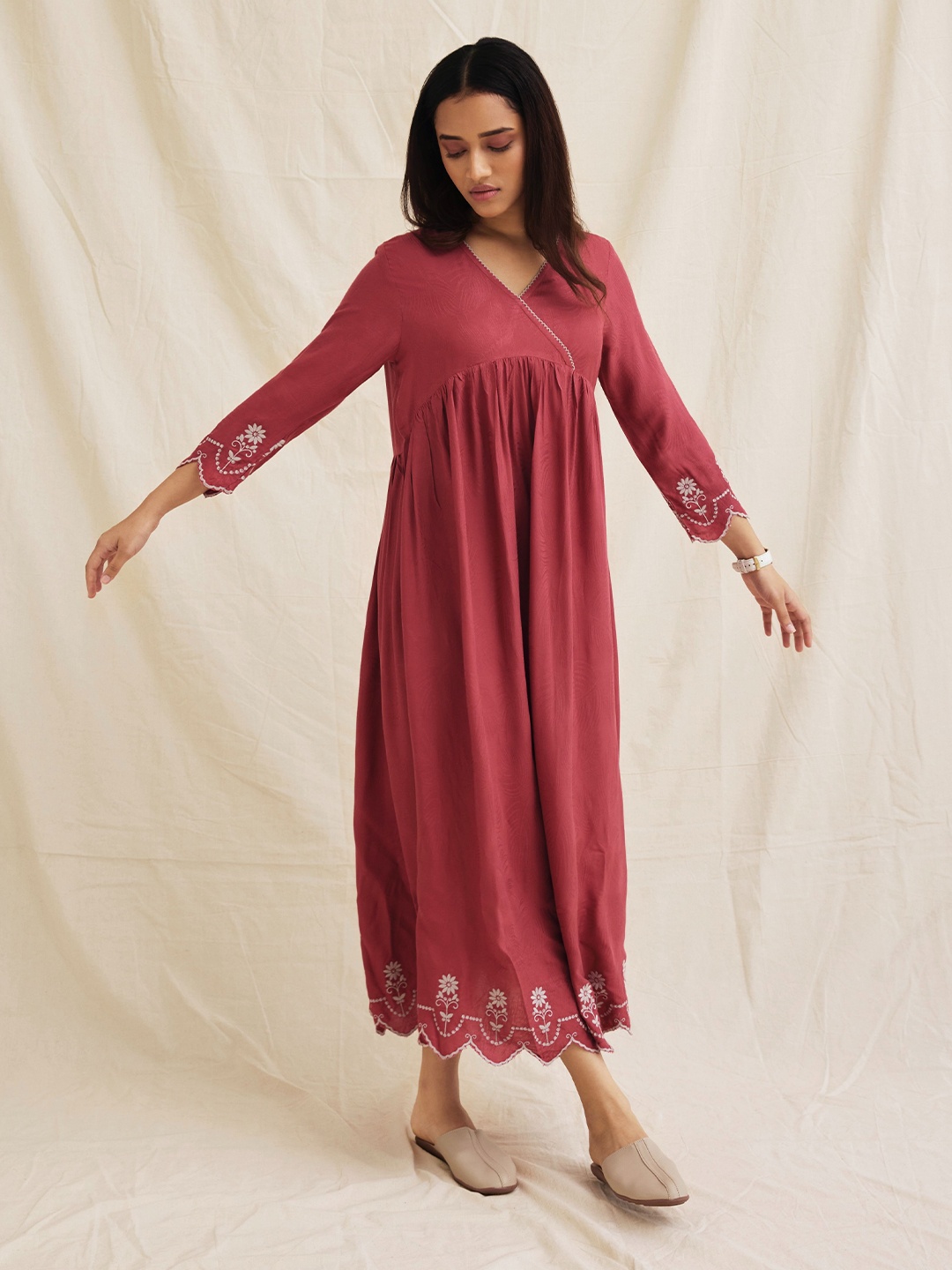 

Bombay Bloom Floral Embroidered Linen Fit & Flare Dress, Red
