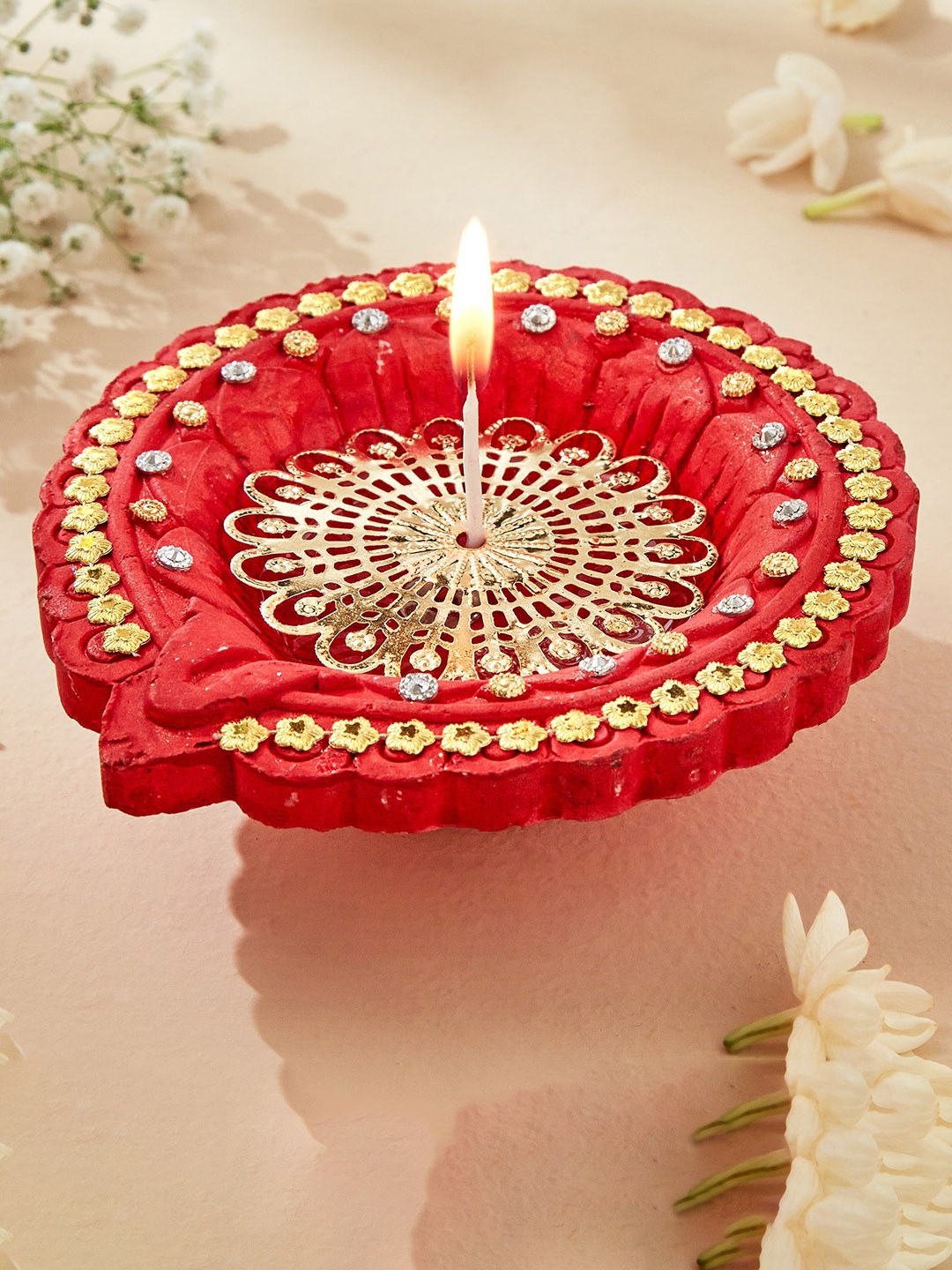 

Home Centre Red Embellished Clay Akhand Diya With Jaali