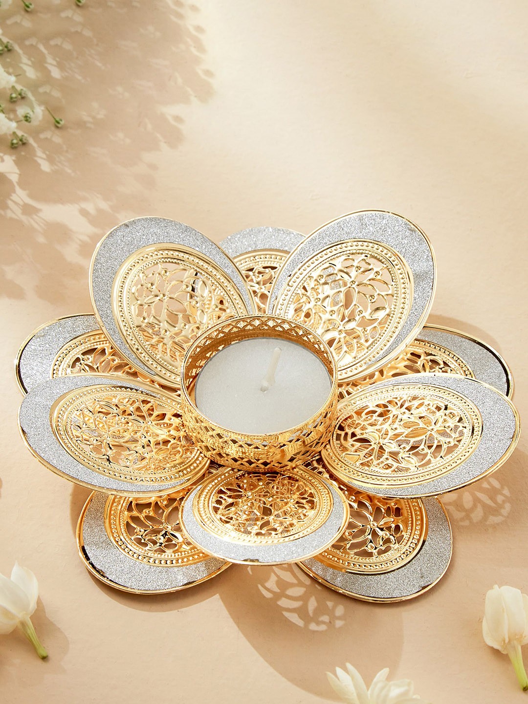 

Home Centre Yellow Floral T-Light Candle Holder, Gold