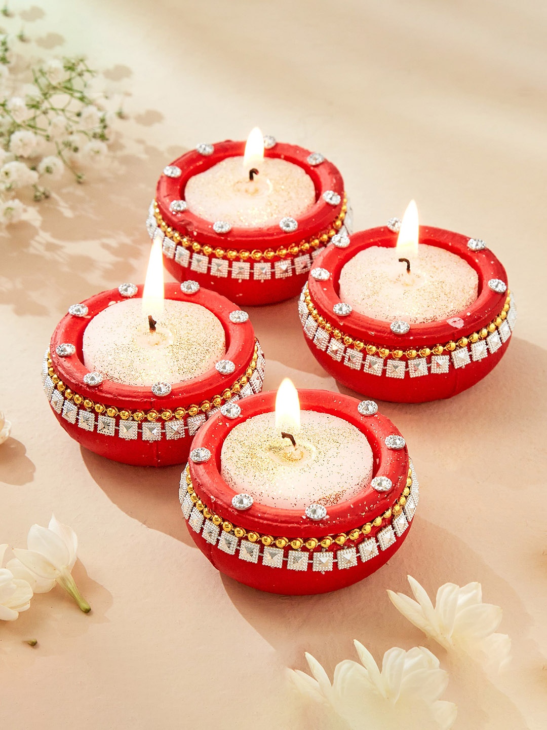 

Home Centre Red 4 Pieces Earthen Clay Handi Diya Candles