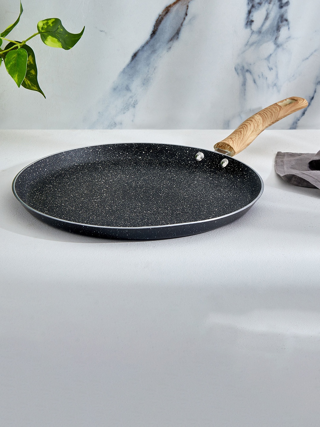 

Home Centre Black & Beige Aluminium Non-Stick Dosa Tawa With Wooden Handle