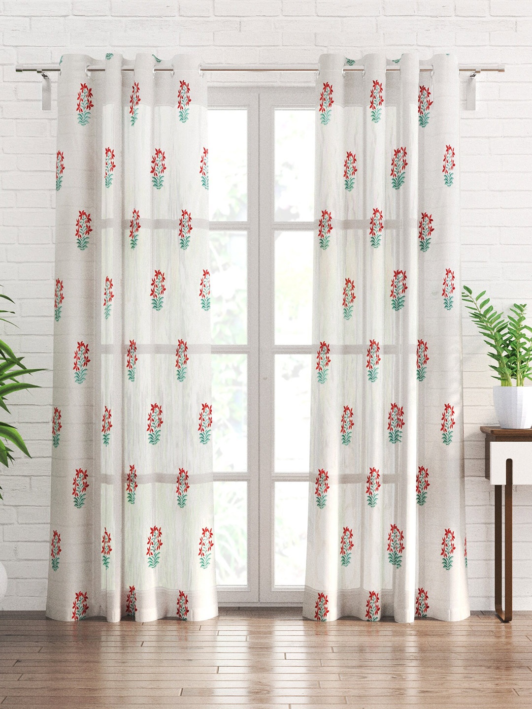 

Home Centre Red & White 2 Pieces Floral Sheer Door Curtain