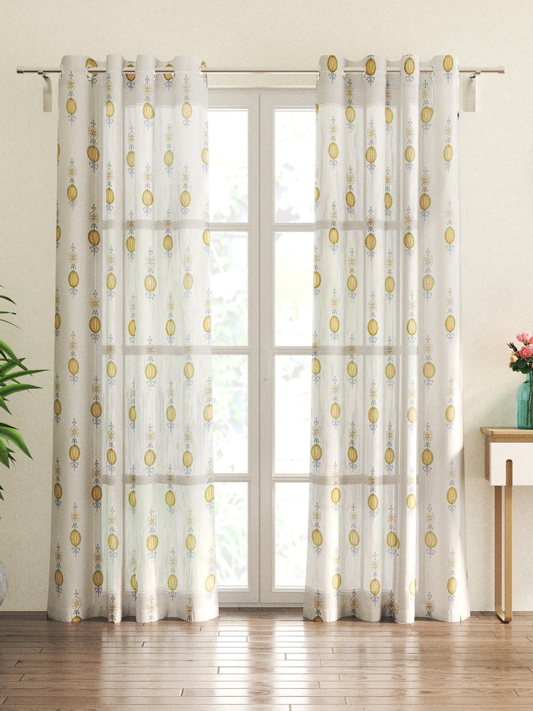 

Home Centre White & Blue 2 Pieces Ethnic Motifs Sheer Door Curtain