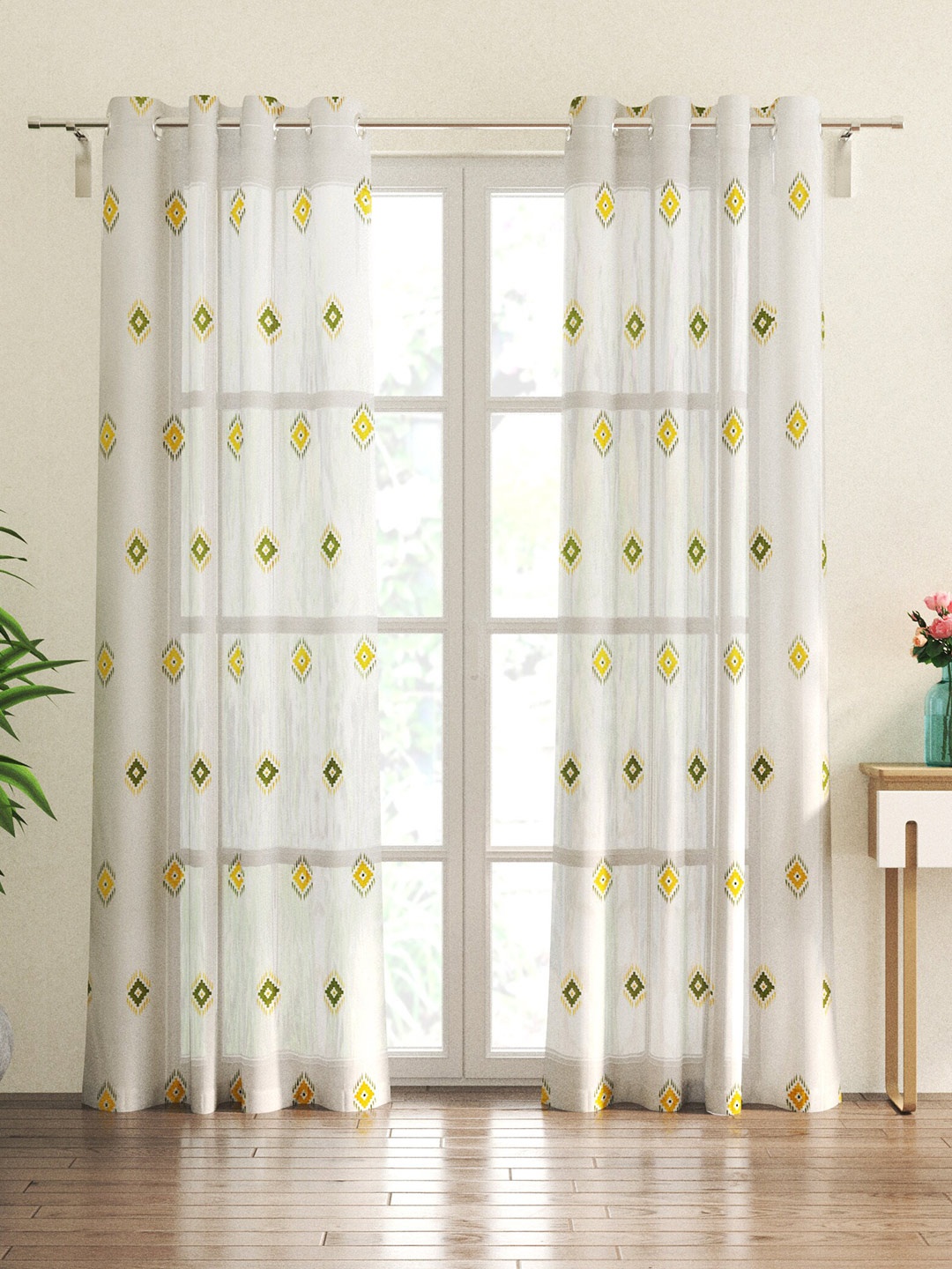 

Home Centre Yellow & White 2 Pieces Geometric Sheer Door Curtain