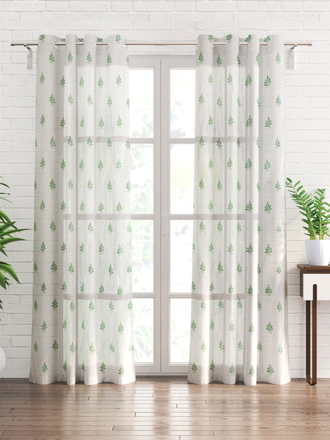 

Home Centre White & Green 2 Pieces Ethnic Motifs Sheer Door Curtains