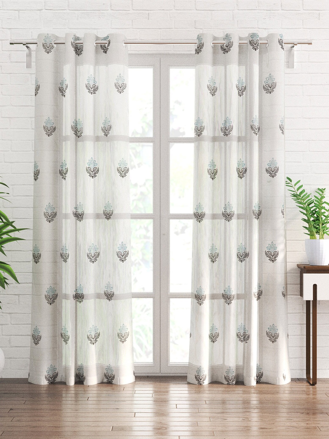 

Home Centre Blue & White 2 Pieces Embroidered Sheer Door Curtain