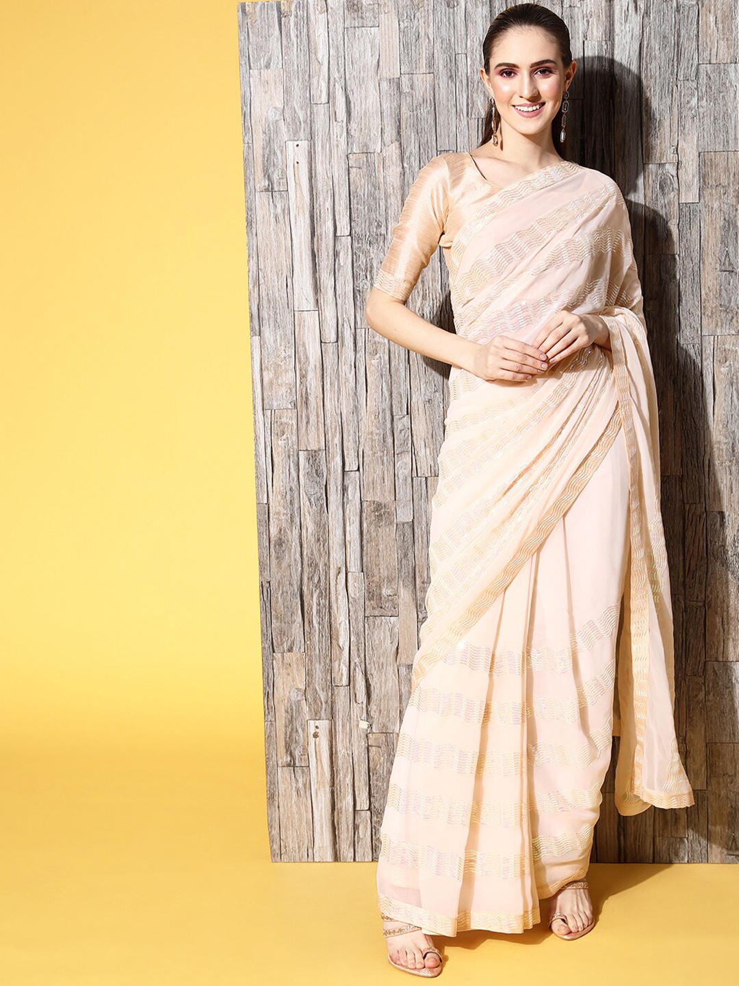 

Mitera Peach-Coloured Embellished Sequinned Pure Georgette Saree