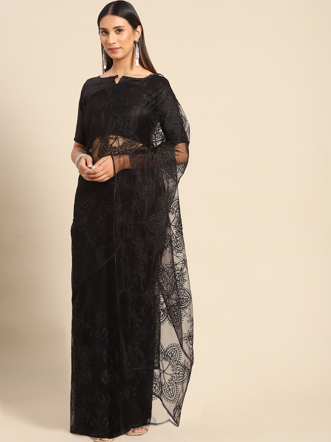 

Mitera Black Floral Embroidered Net Saree