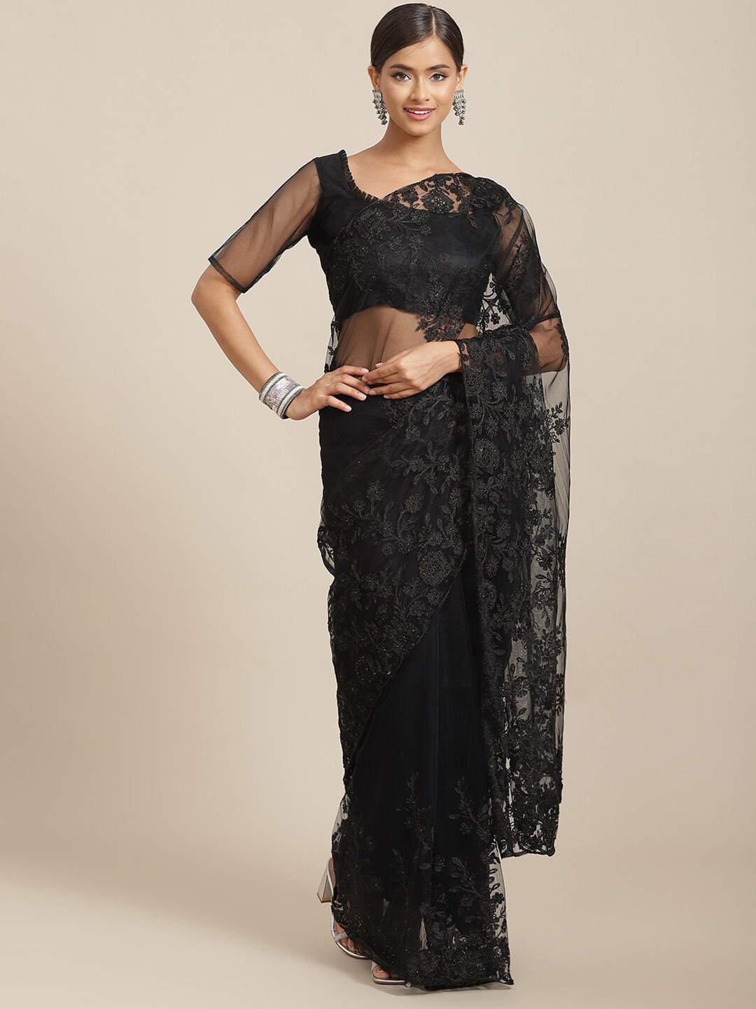 

Mitera Black Ethnic Motifs Embroidered Net Saree