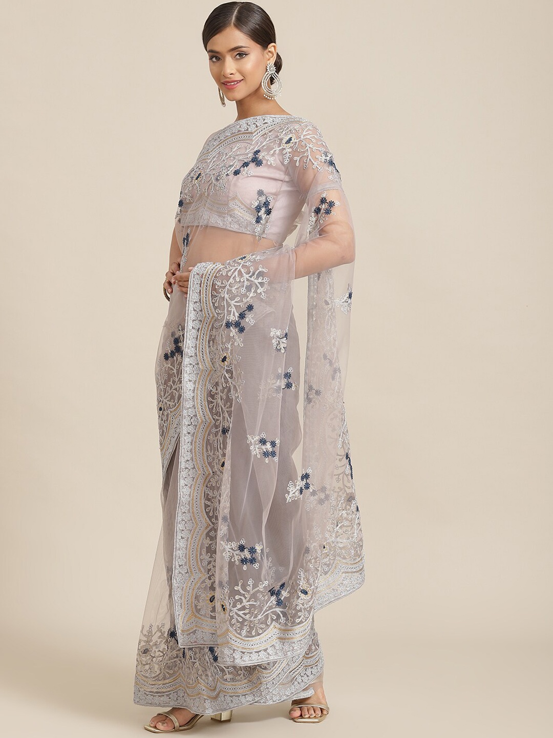 

Mitera Floral Embroidered Net Saree, Grey