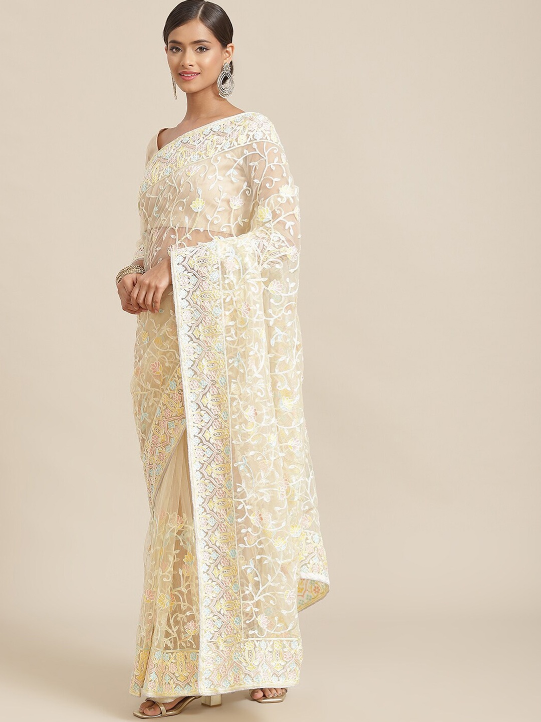 

Mitera Cream-Coloured & Yellow Ethnic Motifs Embroidered Net Saree