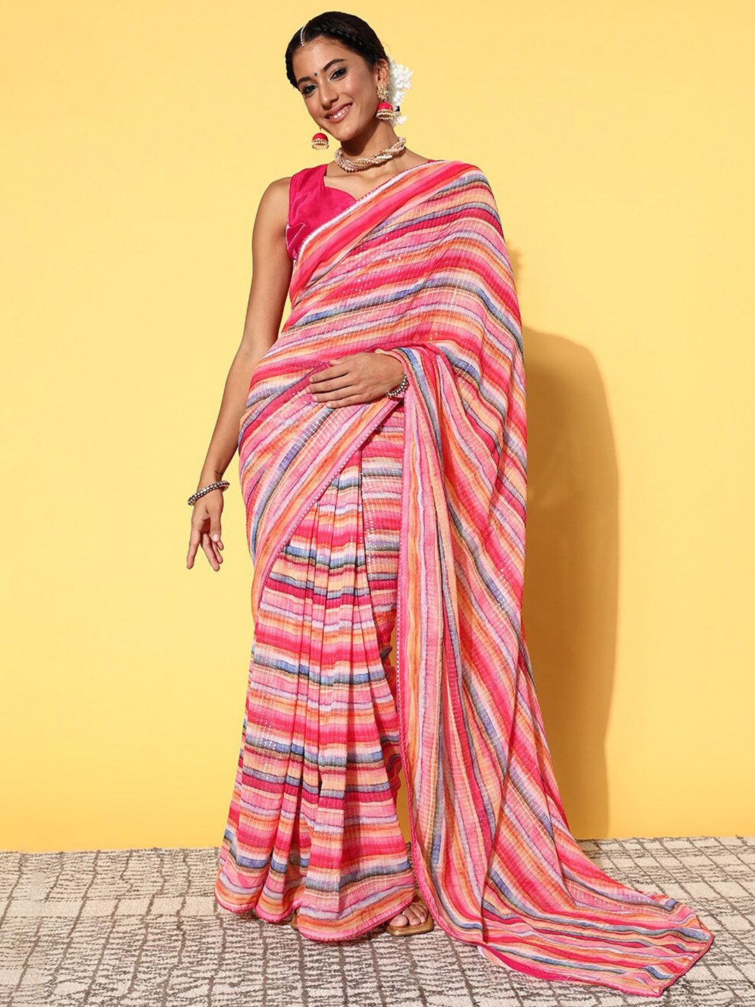 

Mitera Pink & Grey Striped Sequinned Party Pure Georgette Saree